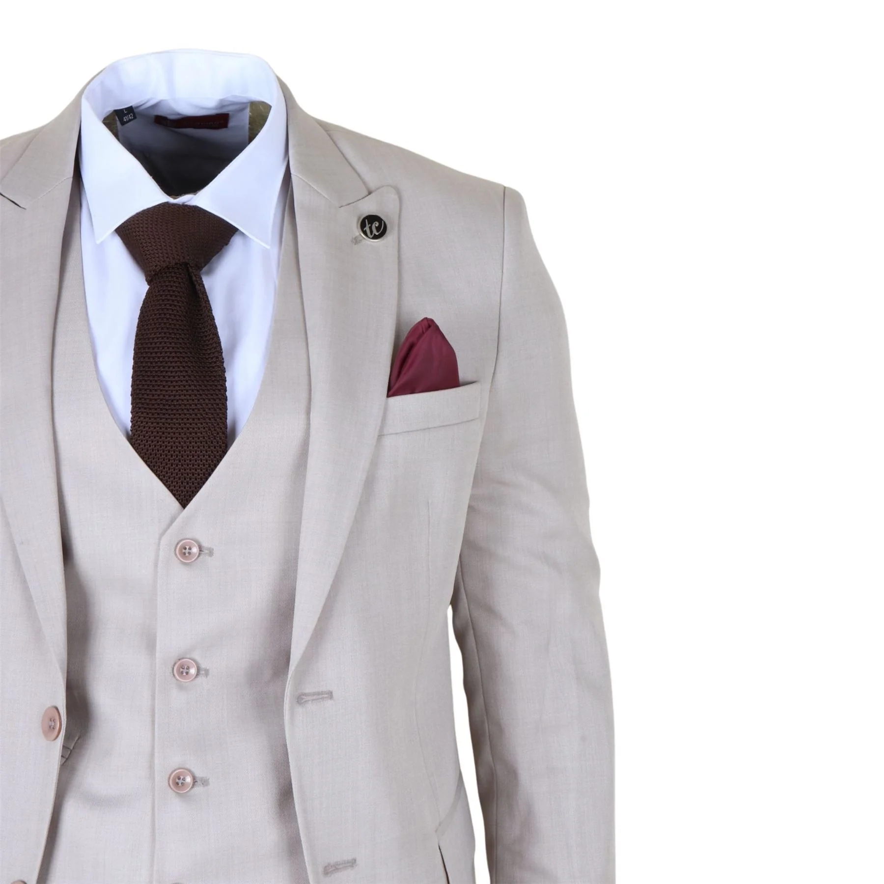 Men's Cream 3-Piece Tailored Fit Formal Wedding Peak Lapel Suit - Image 5