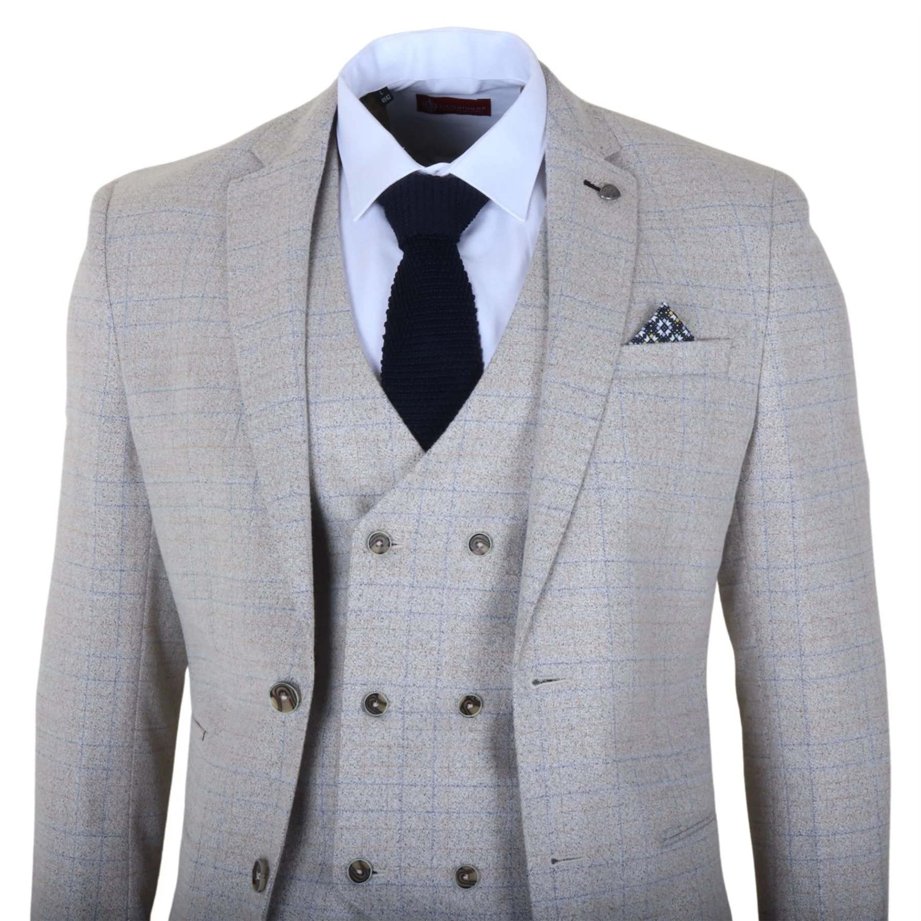 Men's Cream Plaid Check 3 Piece Slim Fit Formal Wedding Suit - Image 4