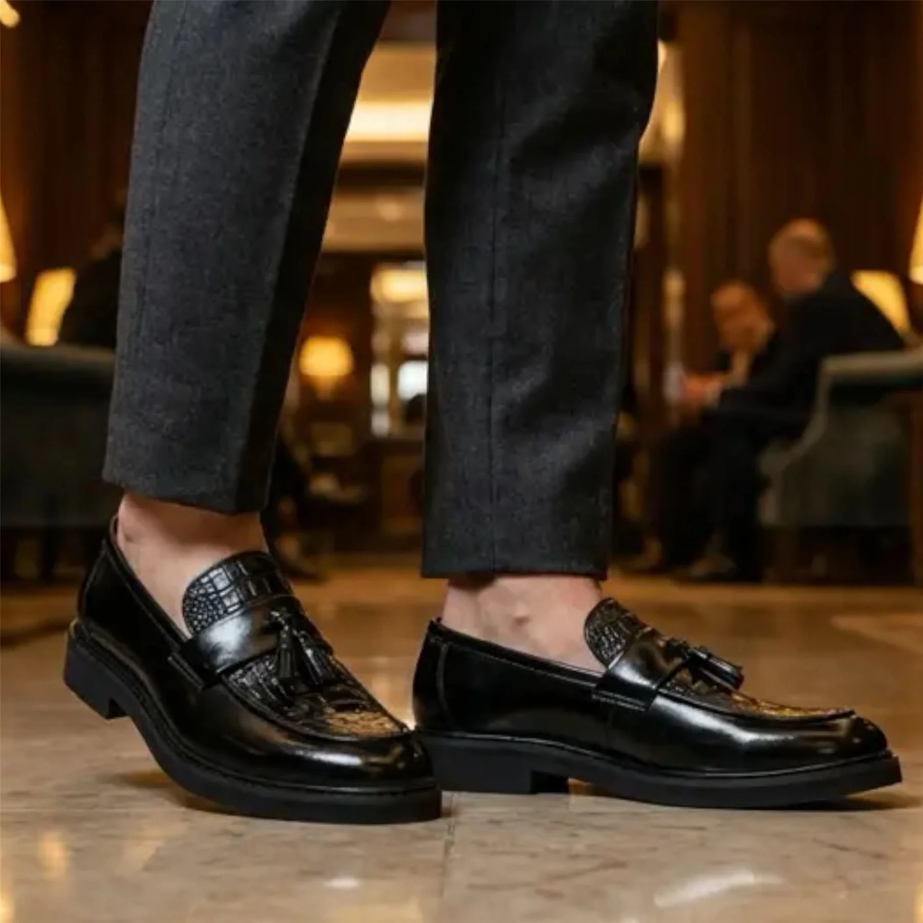 Mens Faux Leather Black Tassel Lug Sole Textured Loafers Shoes - Image 3