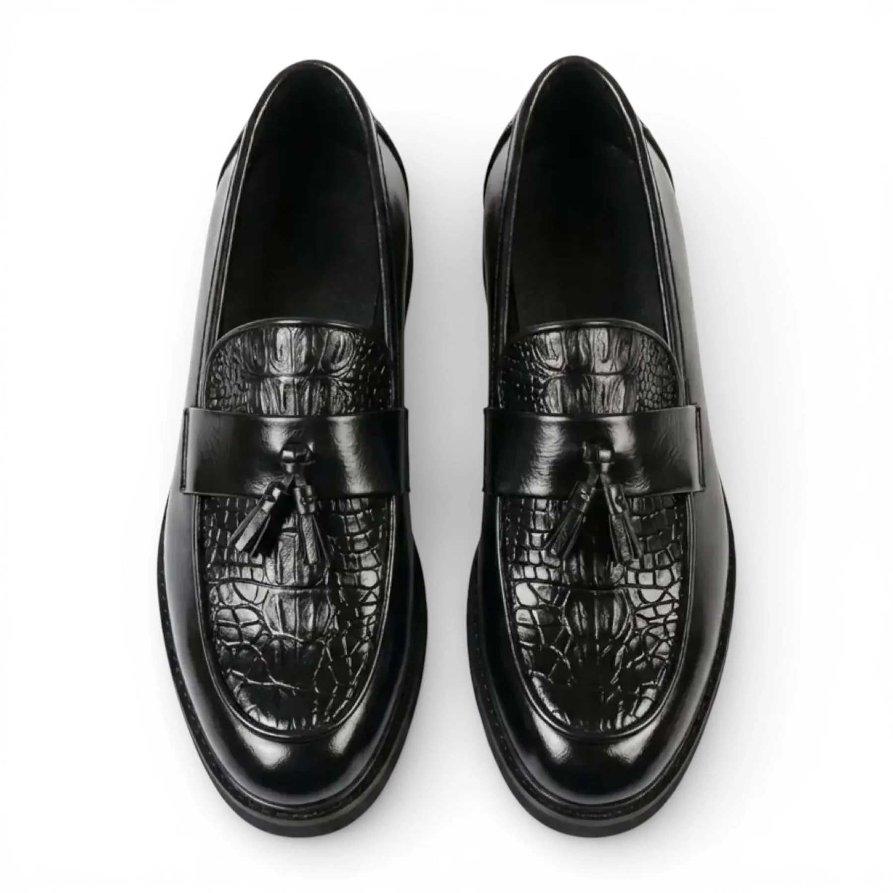 Mens Faux Leather Black Tassel Lug Sole Textured Loafers Shoes - Image 5