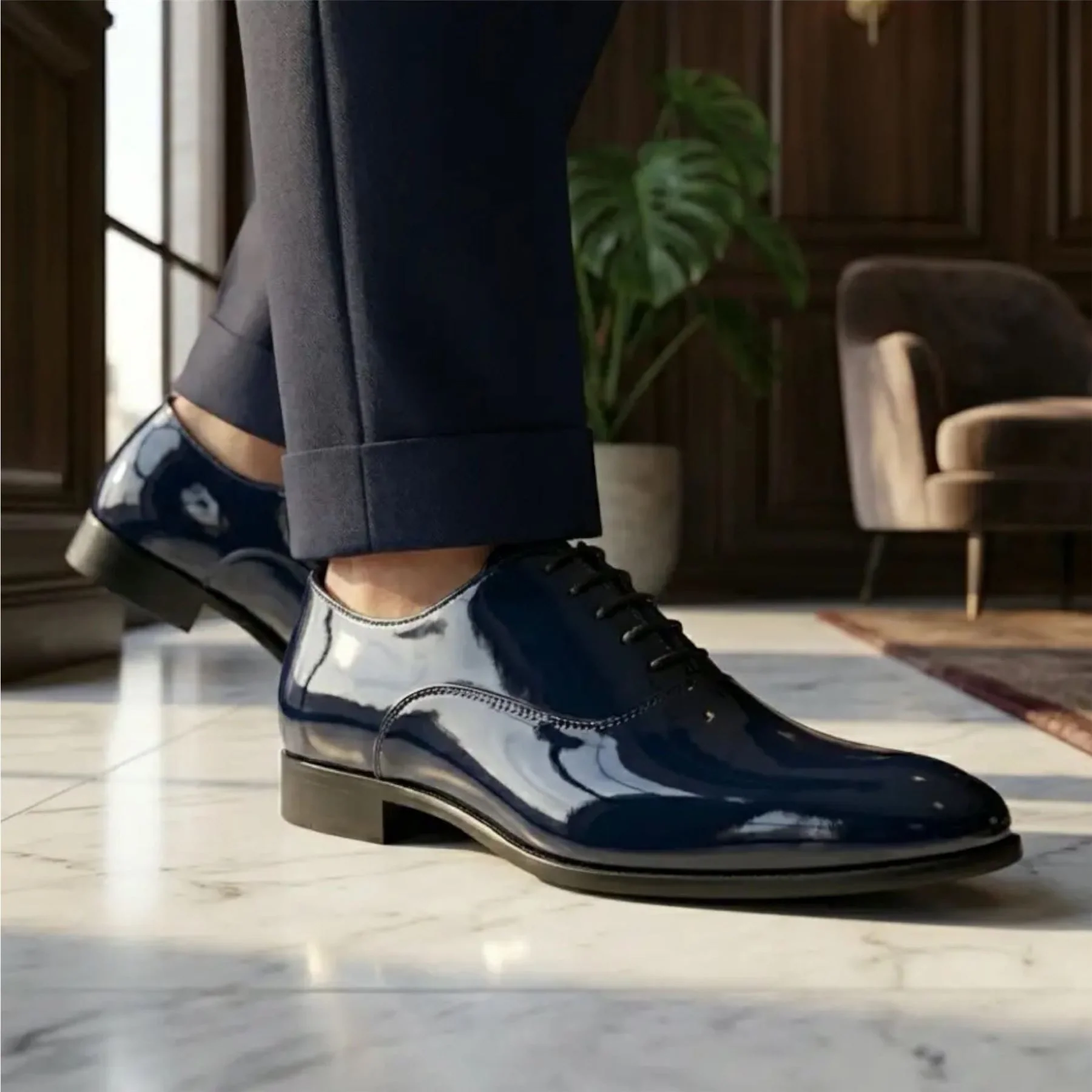 Men's Formal Navy Blue Patent PU Leather Oxford Dress Brogue Shoes - Image 3