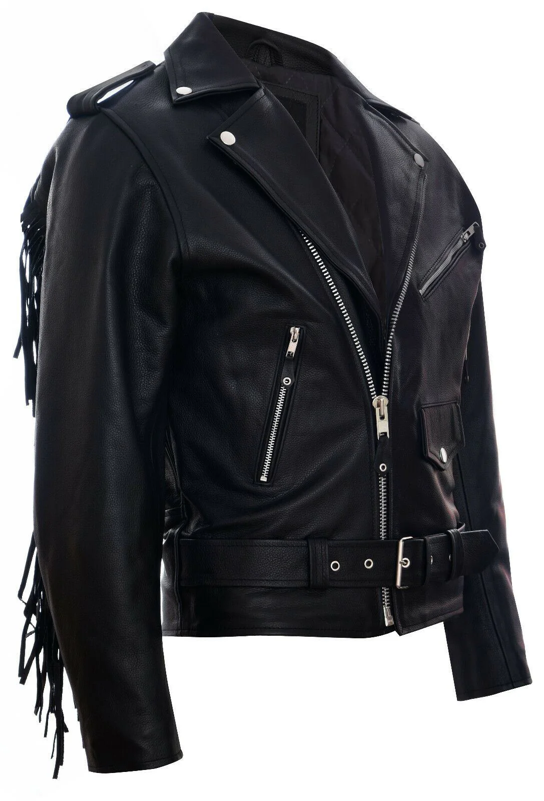 Mens Fringe Hide Leather Biker Jacket- Sevenoaks - Image 2
