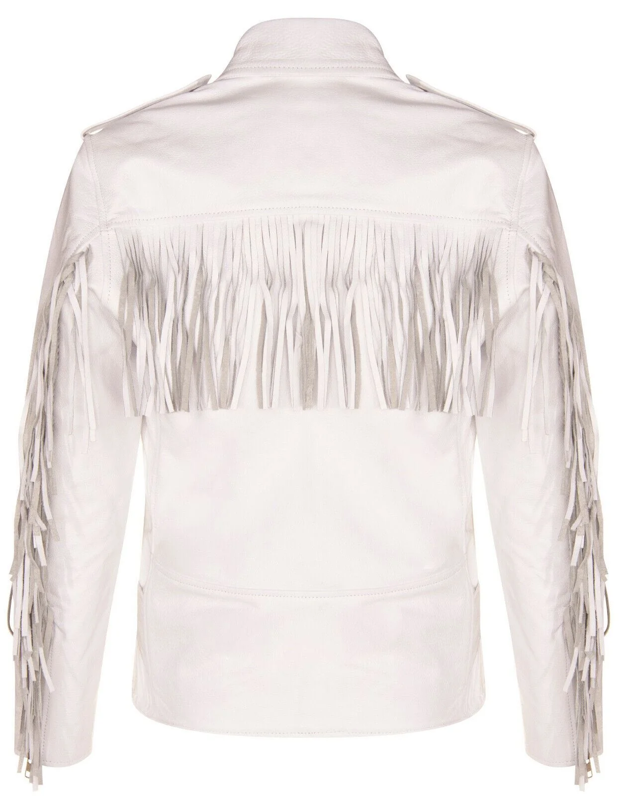 Mens Fringe Hide Leather Biker Jacket- Sevenoaks in White - Image 8
