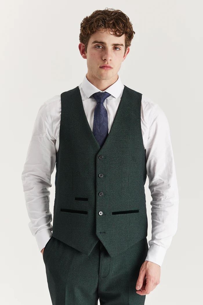 Men's Green 3 Piece Prince Of Wales Formal Suit - Image 3