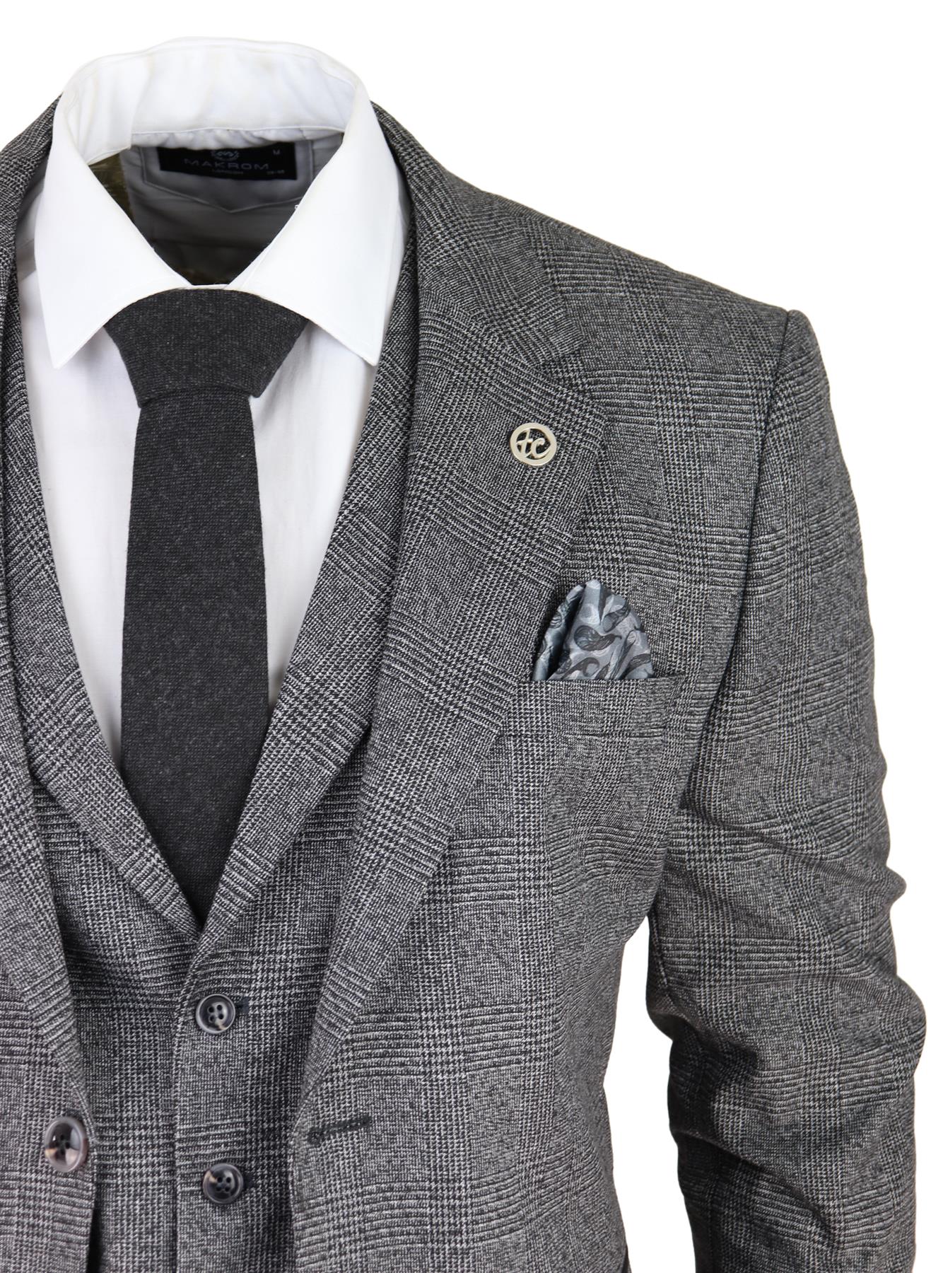 Mens Grey 3 Piece Suit Prince of Wales Check Classic Tailored Fit Wedding Suit - Image 6