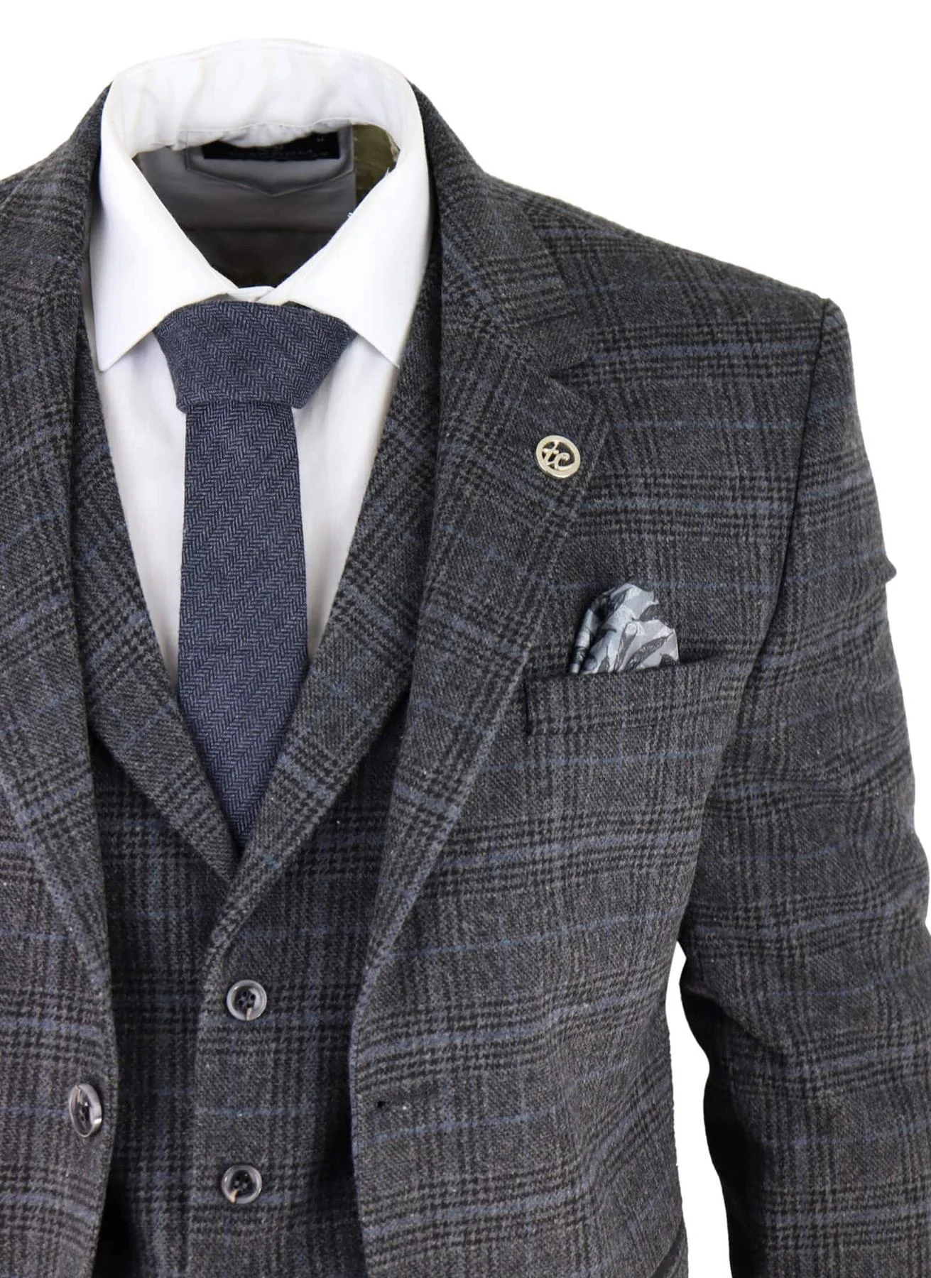 Mens Grey Check 3 Piece Tweed Suit Peaky Blinders 1920s Gatsby Tailored Fit - Image 5