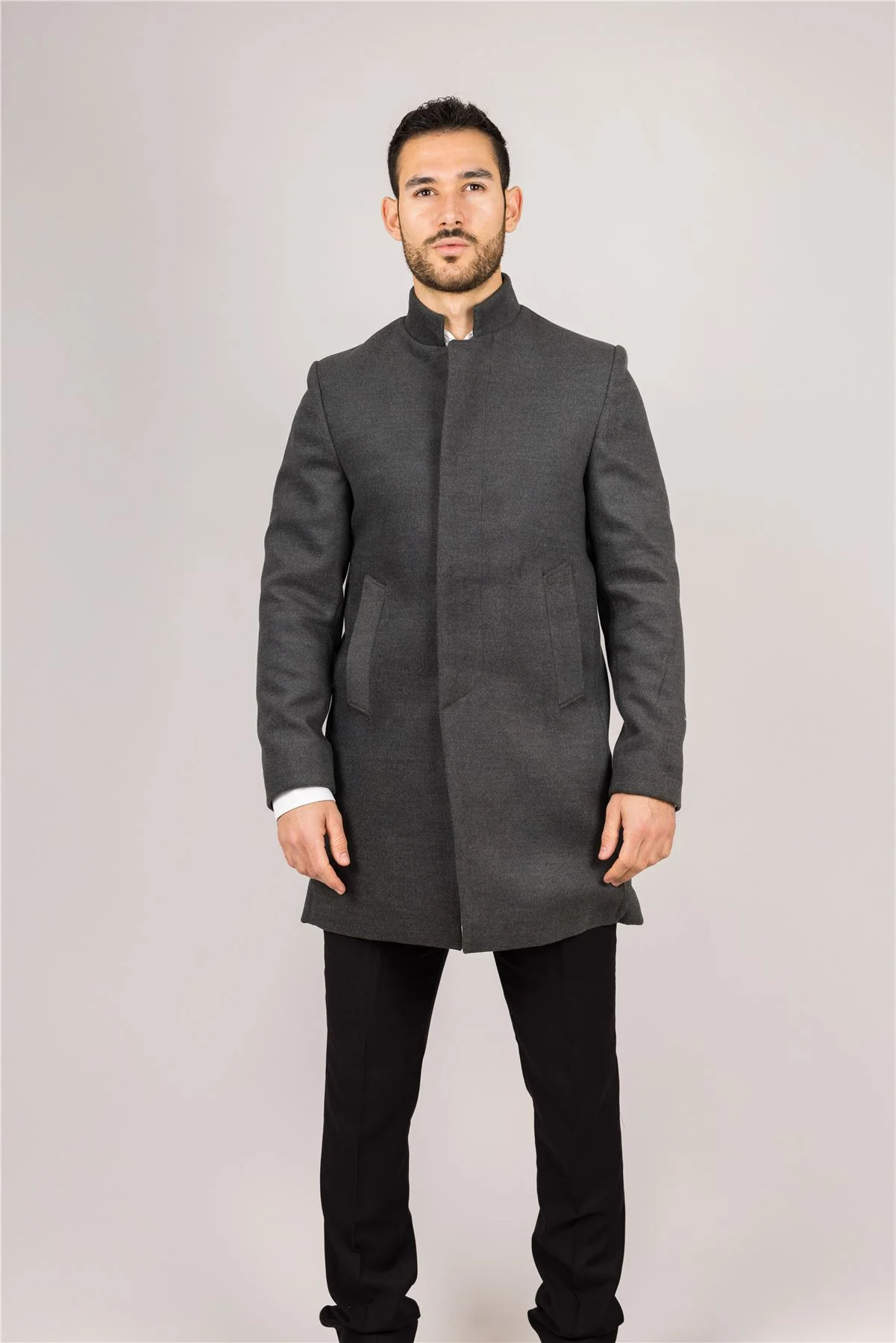Men's Grey Stand Collar Wool Blend Overcoat
