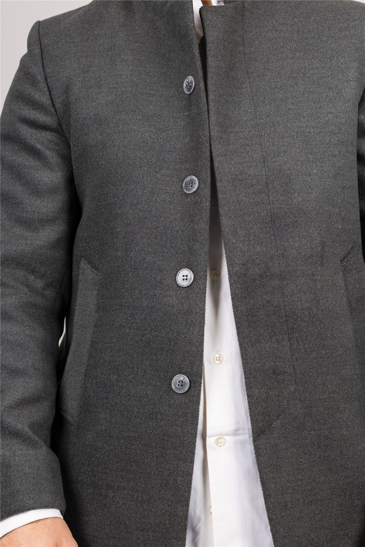 Men's Grey Stand Collar Wool Blend Overcoat - Image 4