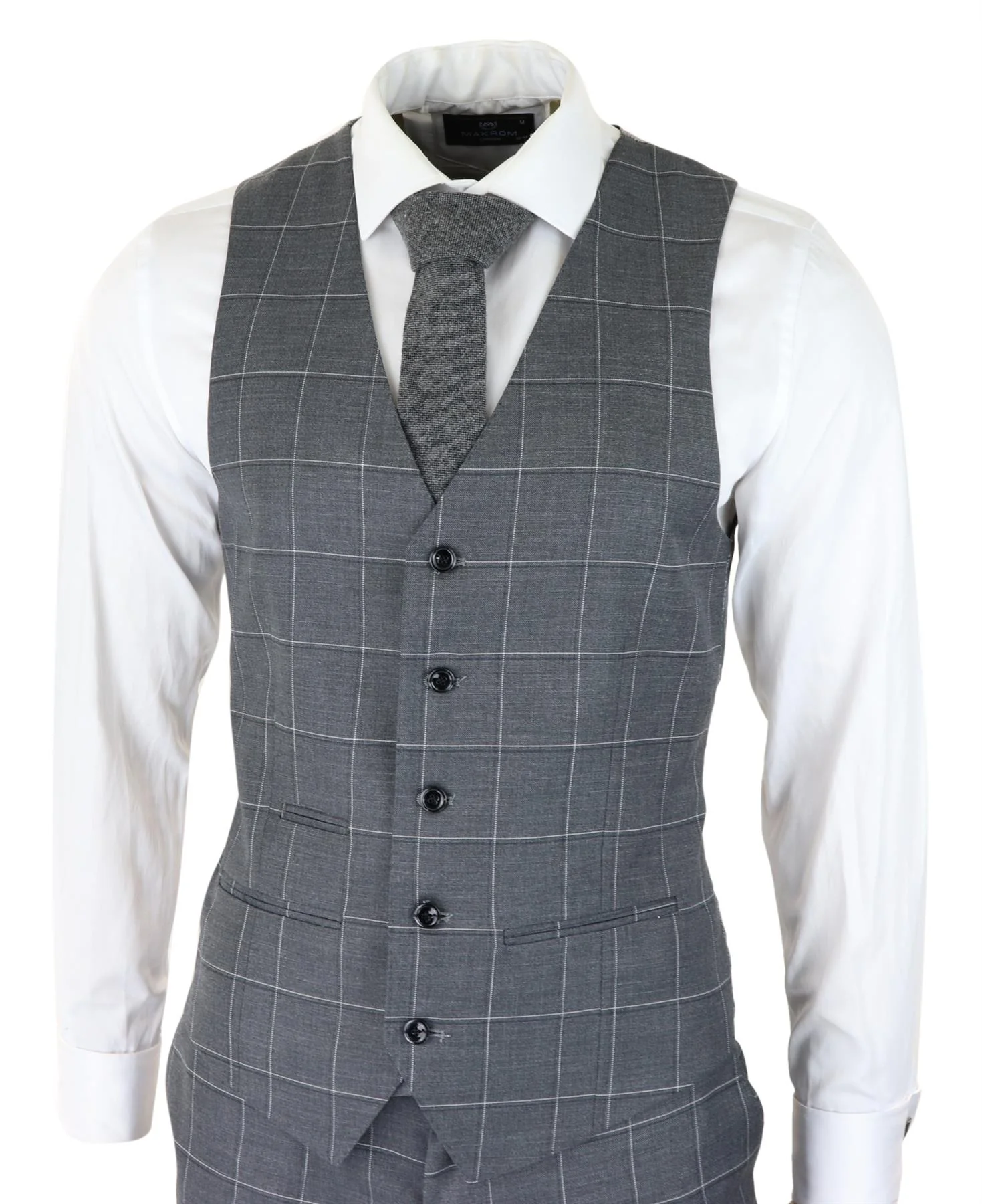 Mens Grey Suit 3 Piece Check Vintage Retro Smart Wedding Classic Tailored Fit - Image 5