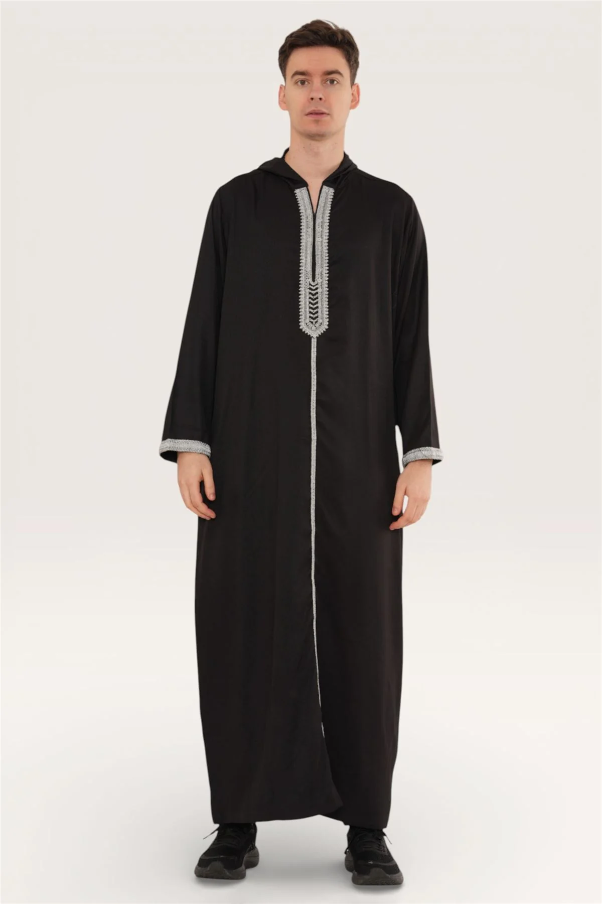Men's Hooded Moroccan Embroidery Djellaba Islamic Jubba Robe Eid Ramadan Thobe