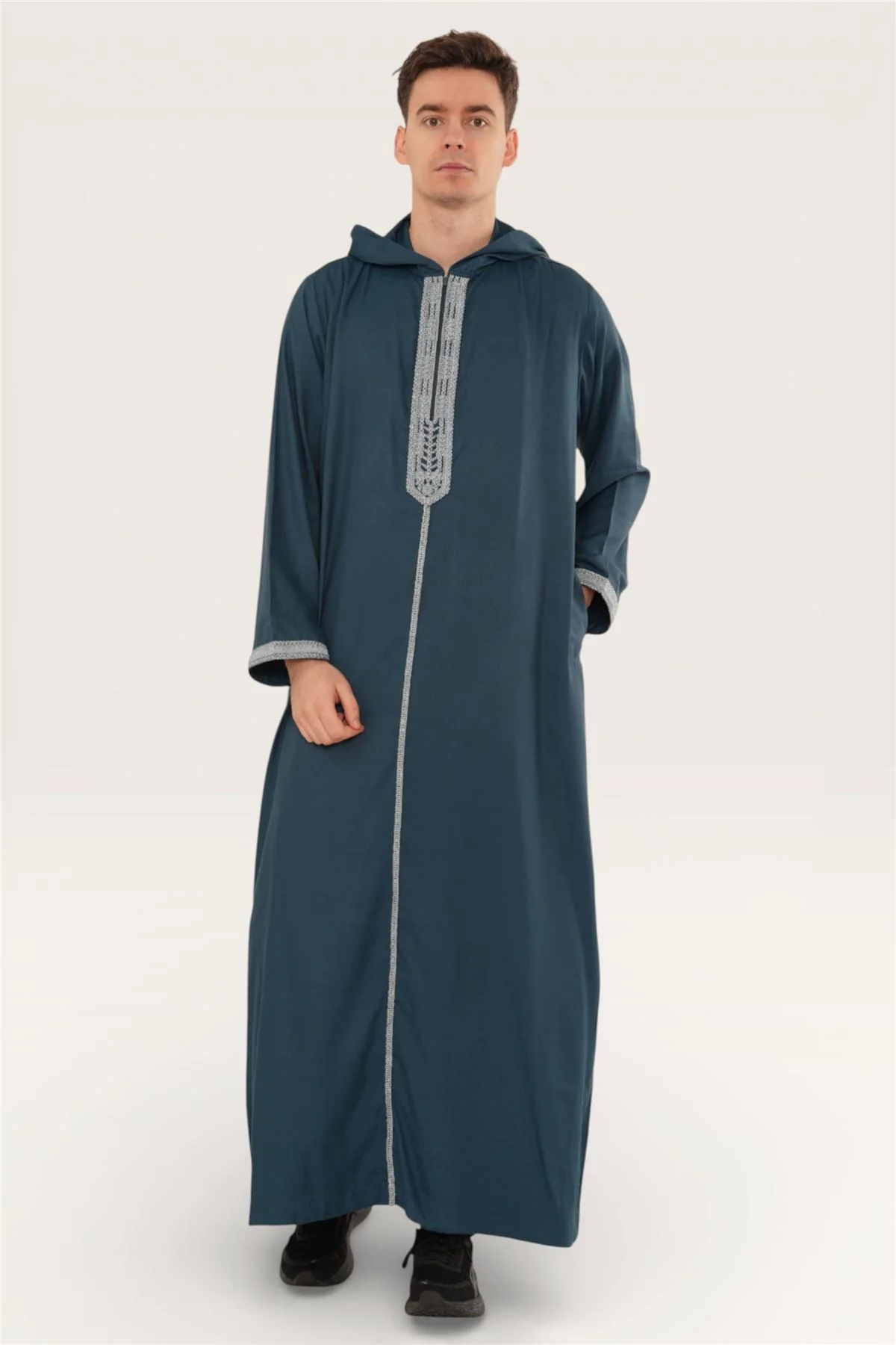 Men's Hooded Moroccan Embroidery Djellaba Islamic Jubba Robe Eid Ramadan Thobe - Image 18