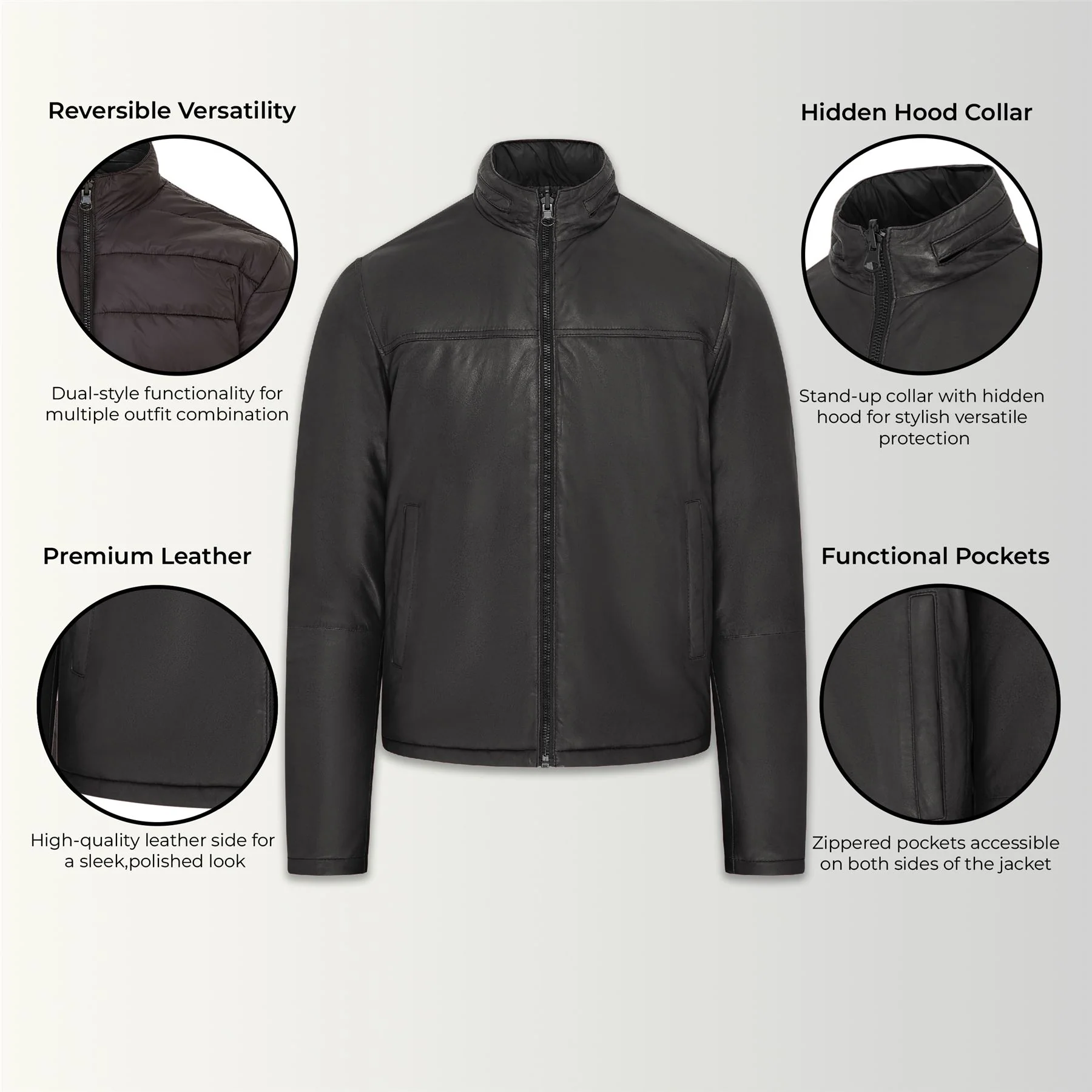Mens Hooded Reversible Bomber Leather Jacket - Raufoss - Image 11