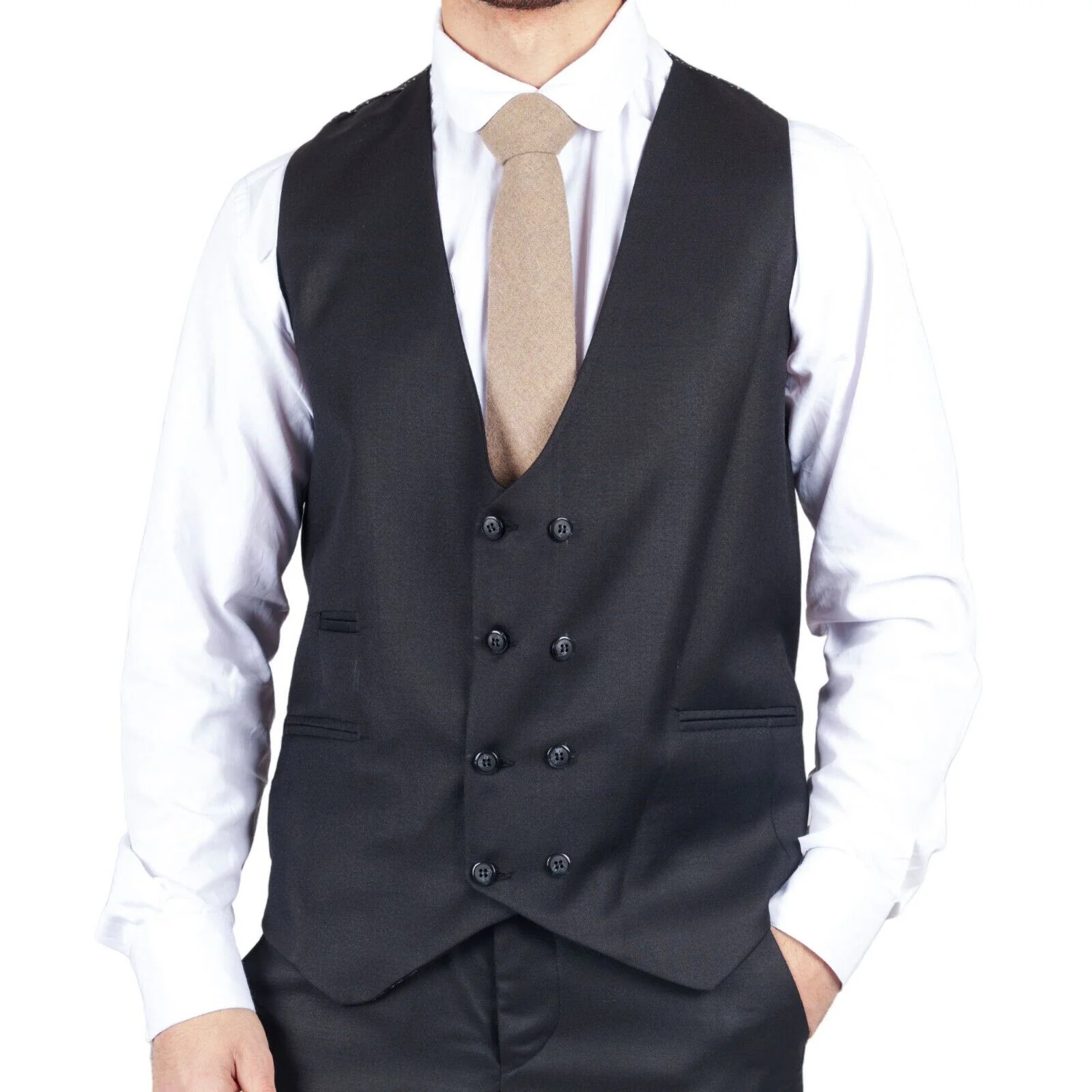 Mens IM1 Double Brusted Plain Black 3 Piece Suit - Image 5