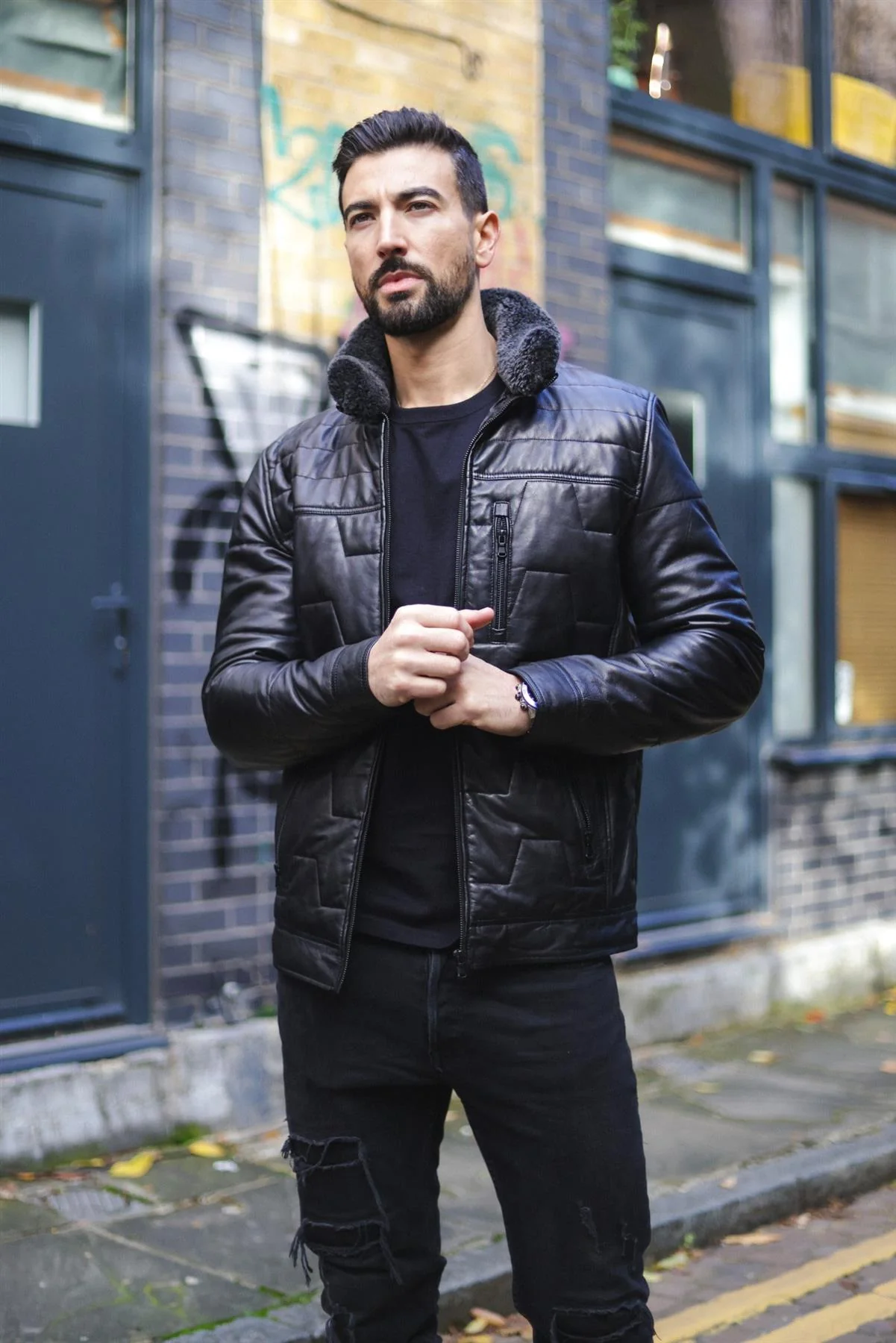 Mens Leather Quilted Puffer Biker Jacket - Thornton - Image 6