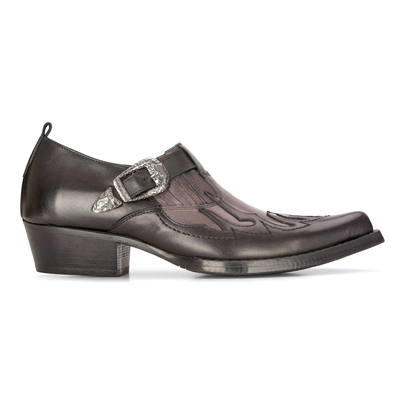 Men's Leather Western Shoes Black Cuban Cowboy Winklepickers Classic Buckle Shoe