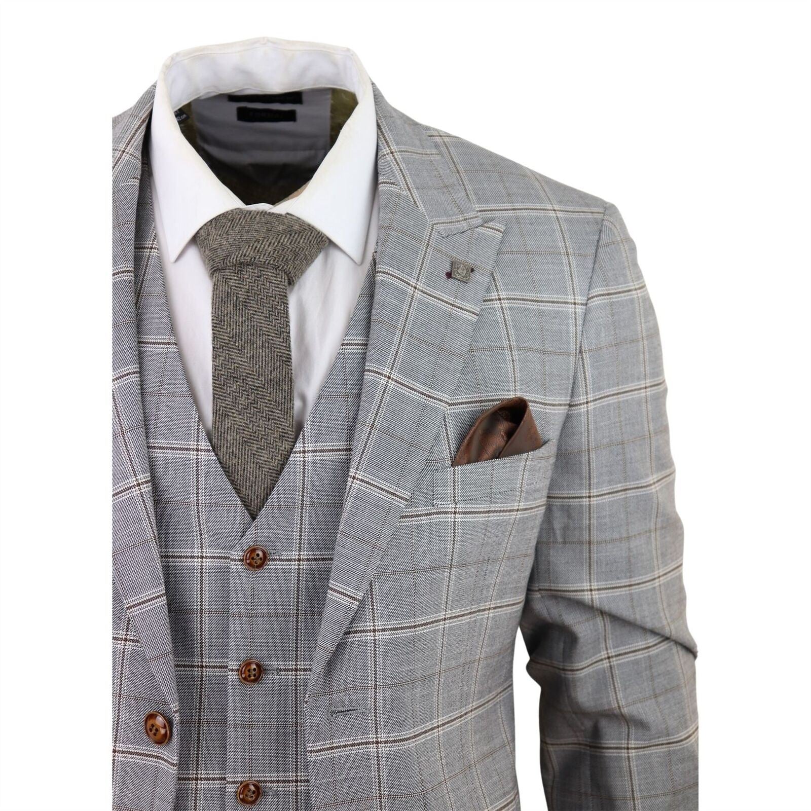 Mens Light Grey 3 Piece Velvet Trims Tailored Fit Suit - Image 5