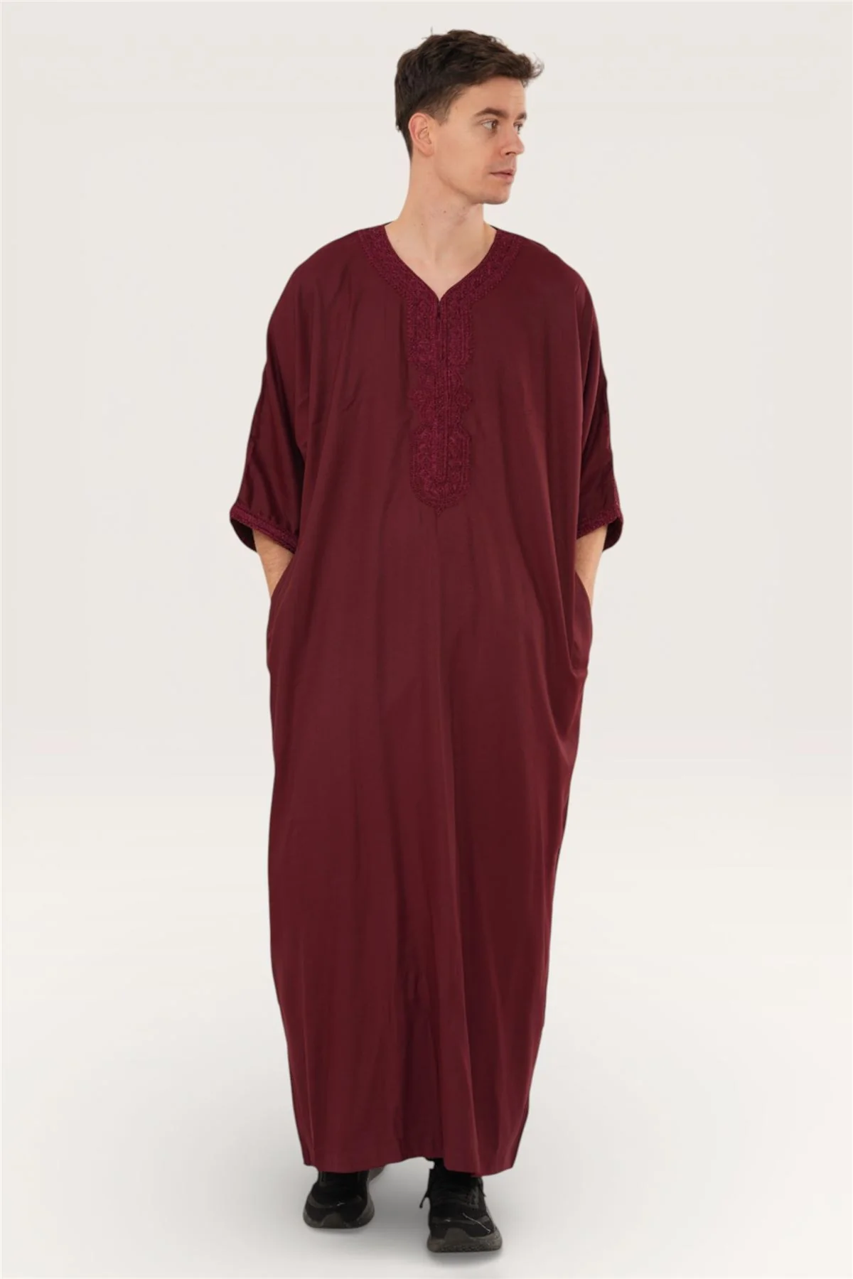 Men's Moroccan Thobe Jubba Robe Djellaba Arab Short Sleeve Embroidery Gandoura - Image 2