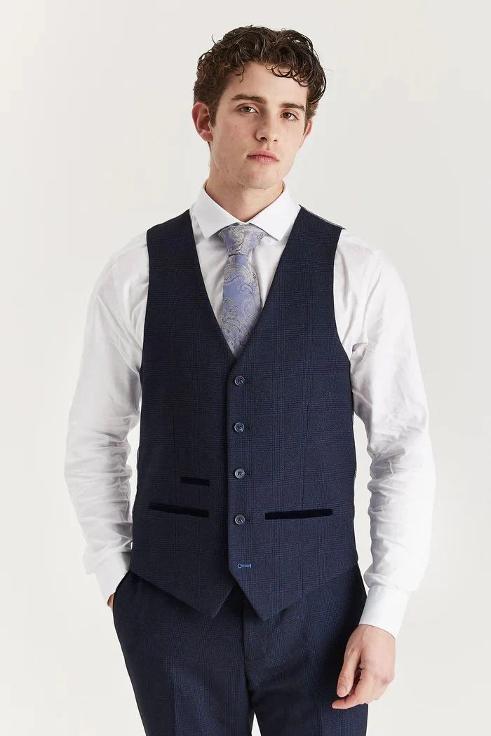 Men's Navy 3 Piece Prince Of Wales Formal Suit - Image 3