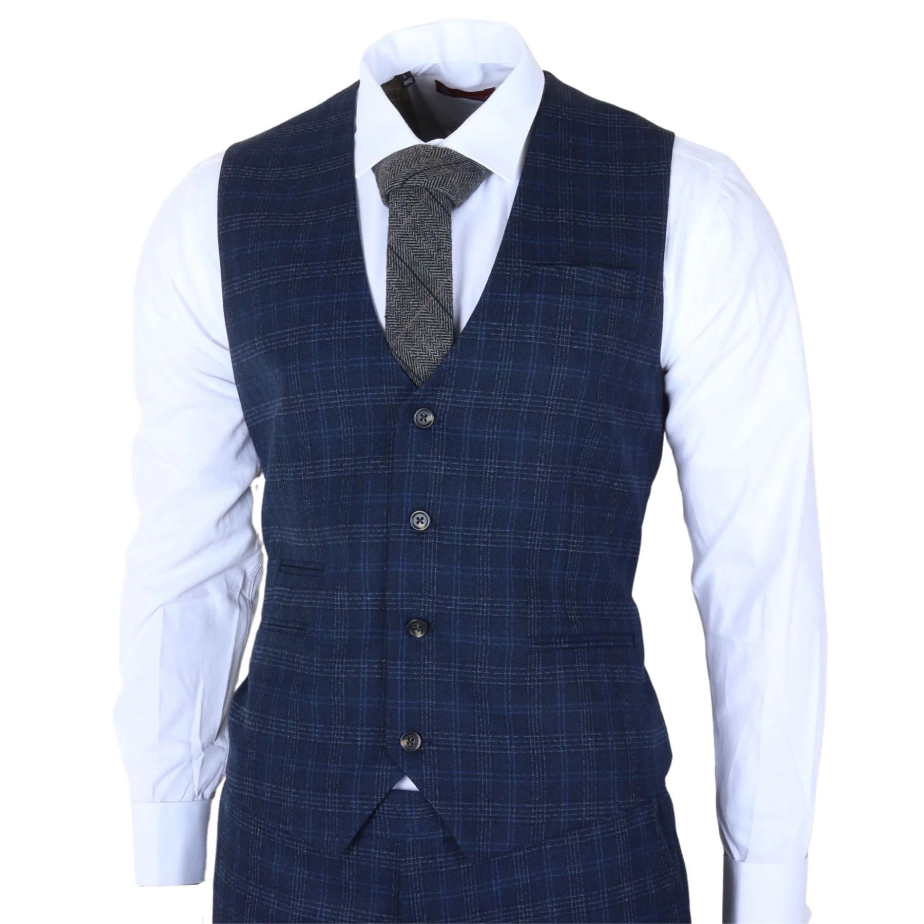 Men's Navy Blue Plaid Check 3 Piece Suit Slim Fit Formal Suit - Image 6