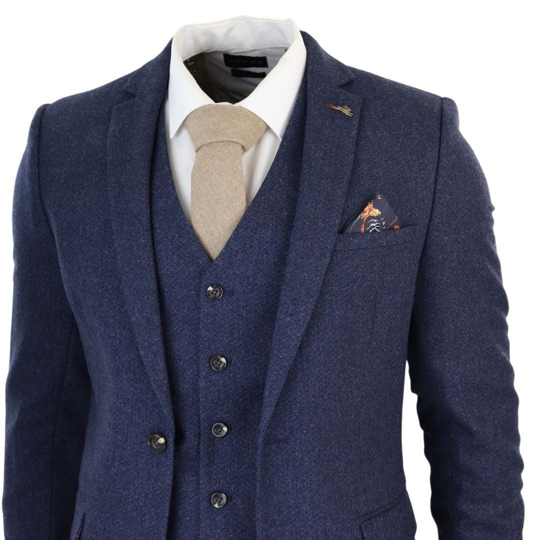 Men's Navy Blue Tweed 3 Piece Wool Suit - Image 4