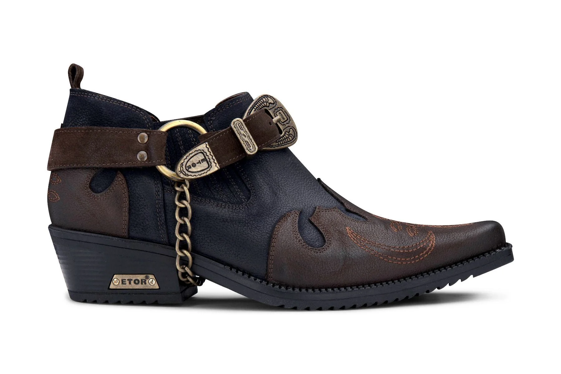 Men's Navy/Brown Leather Metal Chain Winklepicker Cowboy Boots