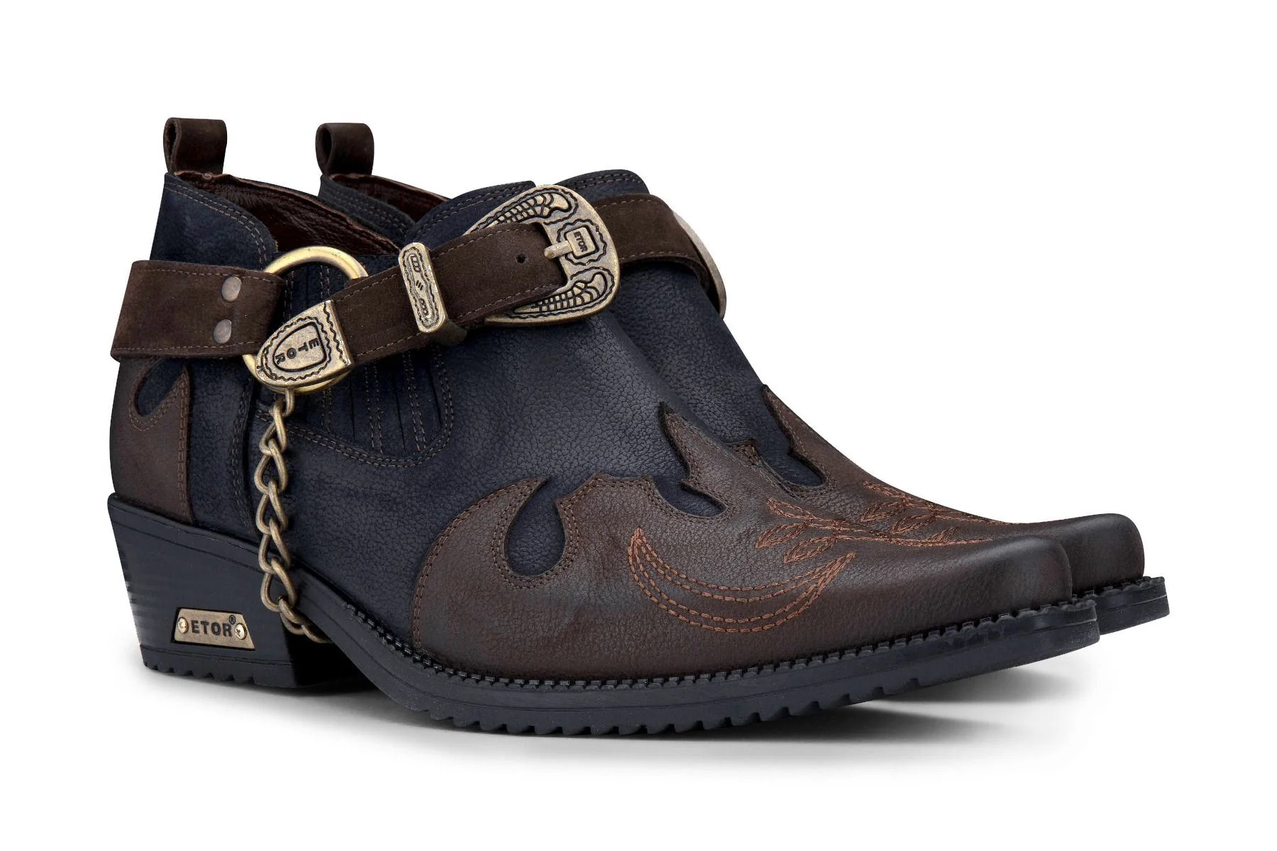 Men's Navy/Brown Leather Metal Chain Winklepicker Cowboy Boots - Image 2