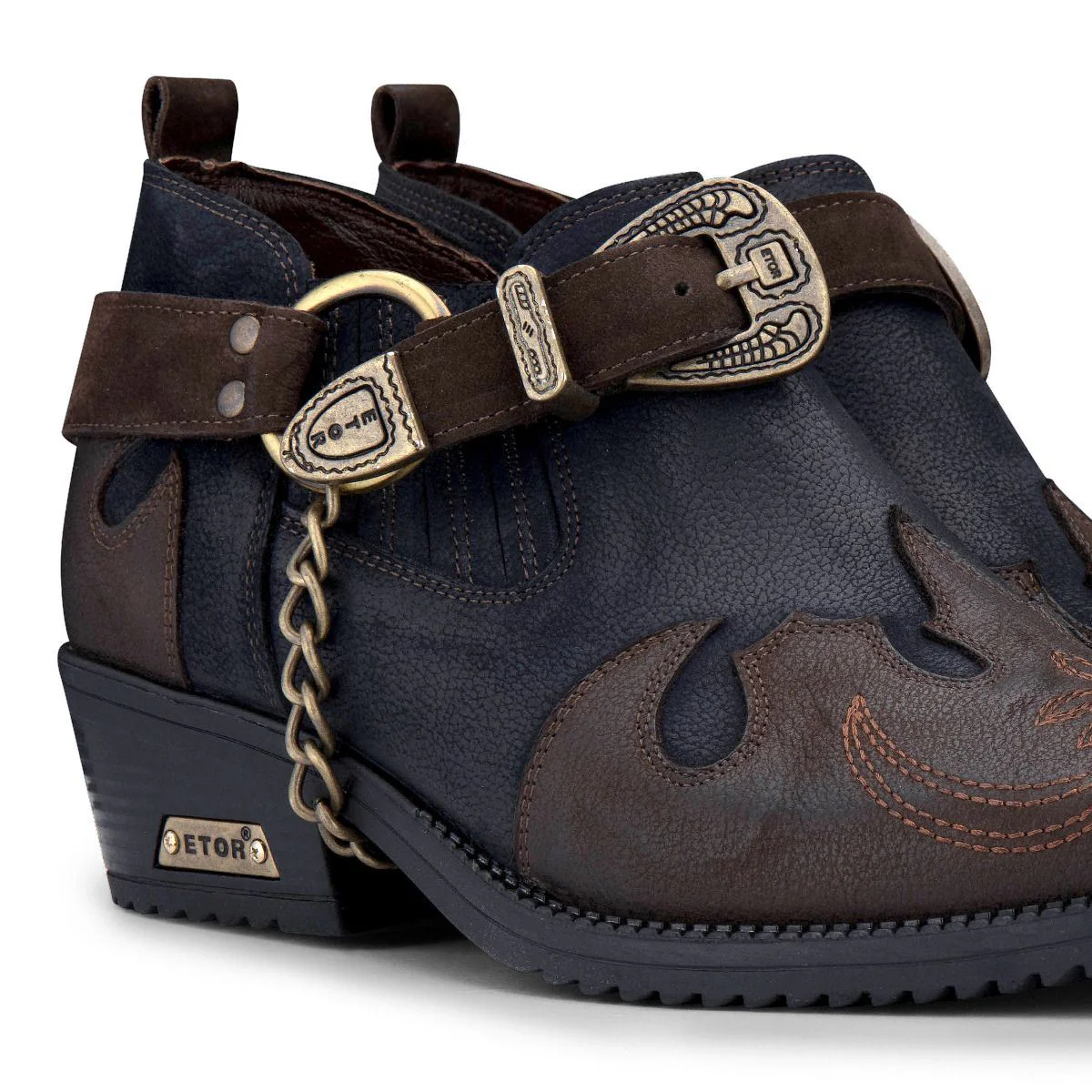 Men's Navy/Brown Leather Metal Chain Winklepicker Cowboy Boots - Image 3