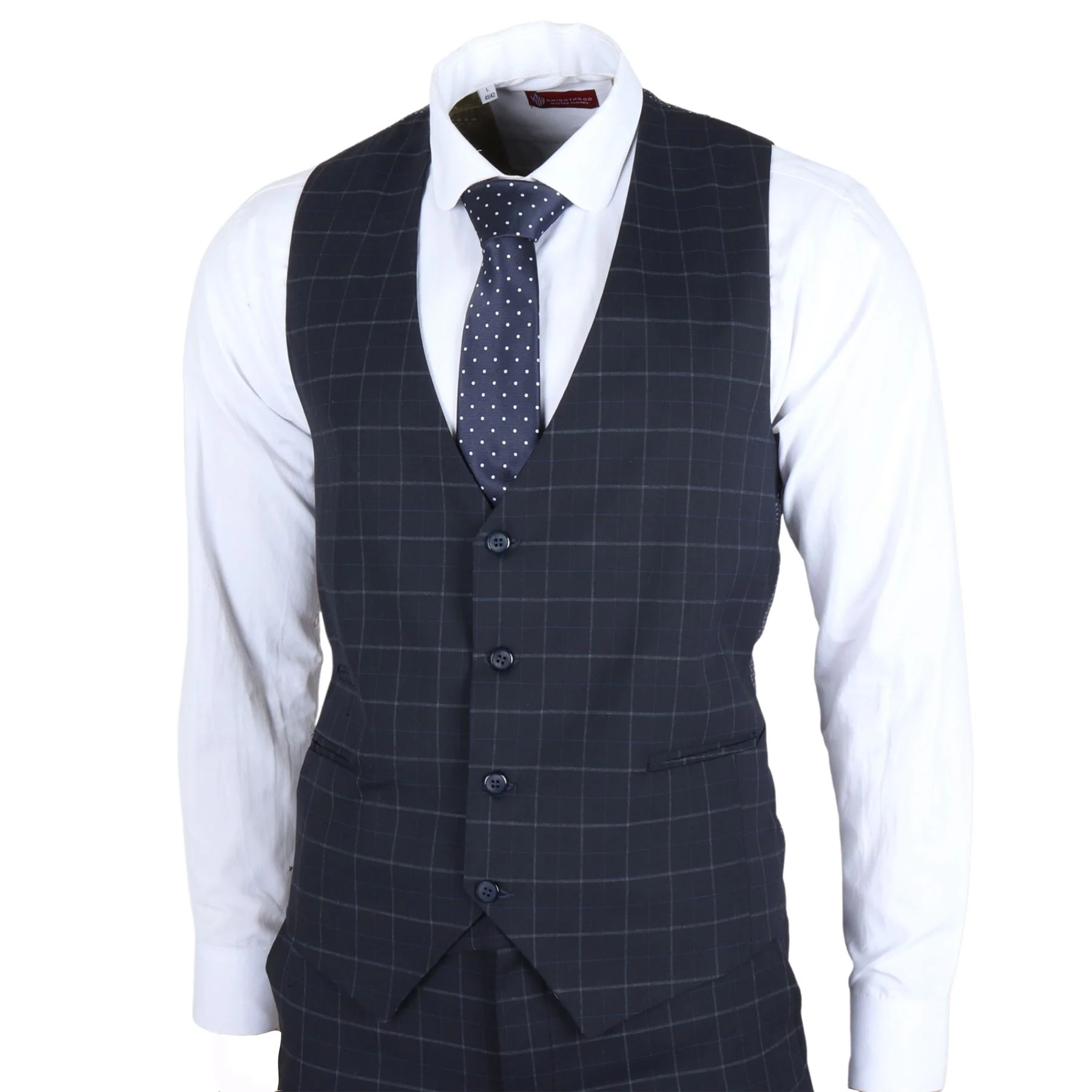Men's Navy Checked 3 Piece Suit Tailored Fit - Image 5