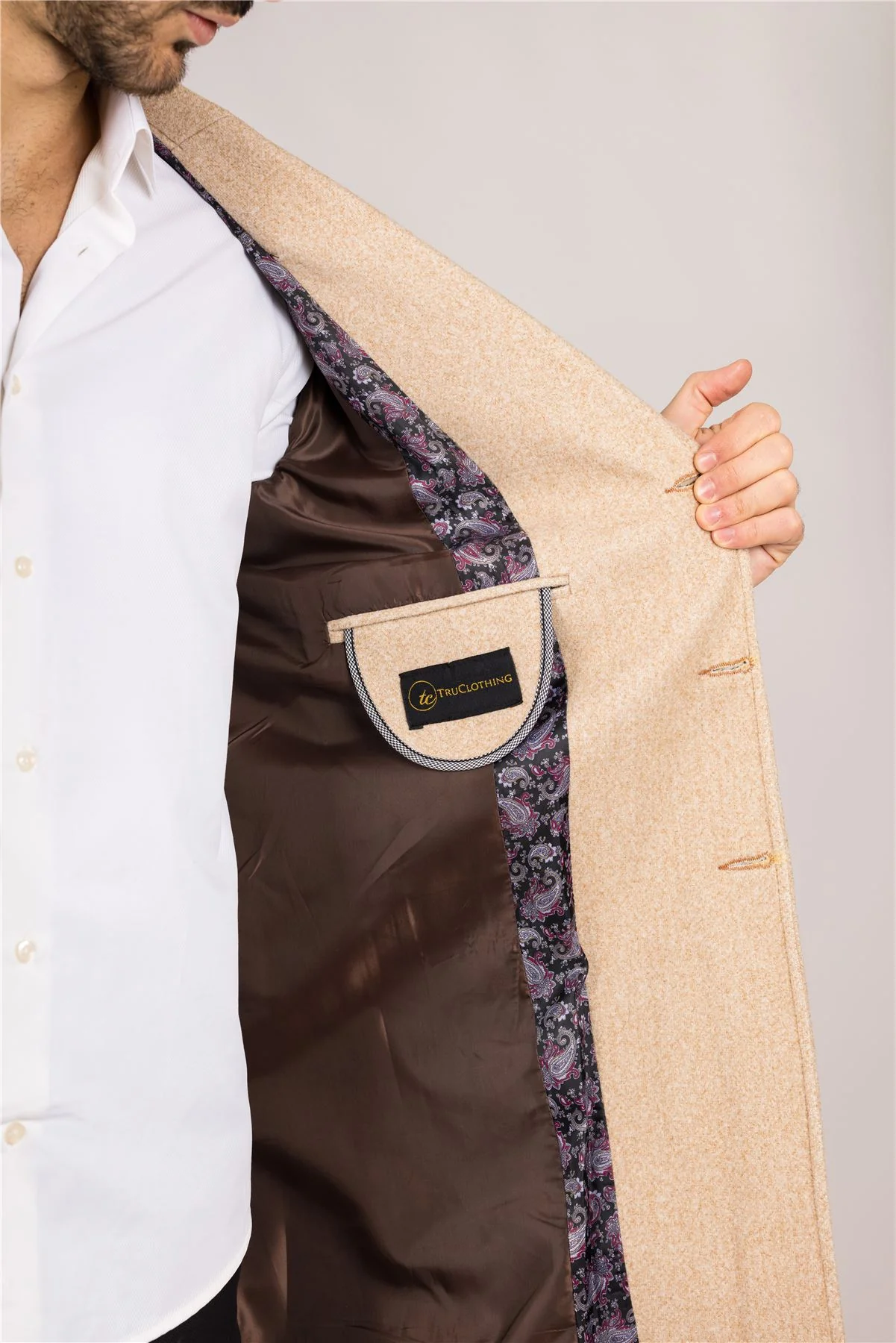Men's Notched Lapel Collar Wool Blend Beige Overcoat - Image 8