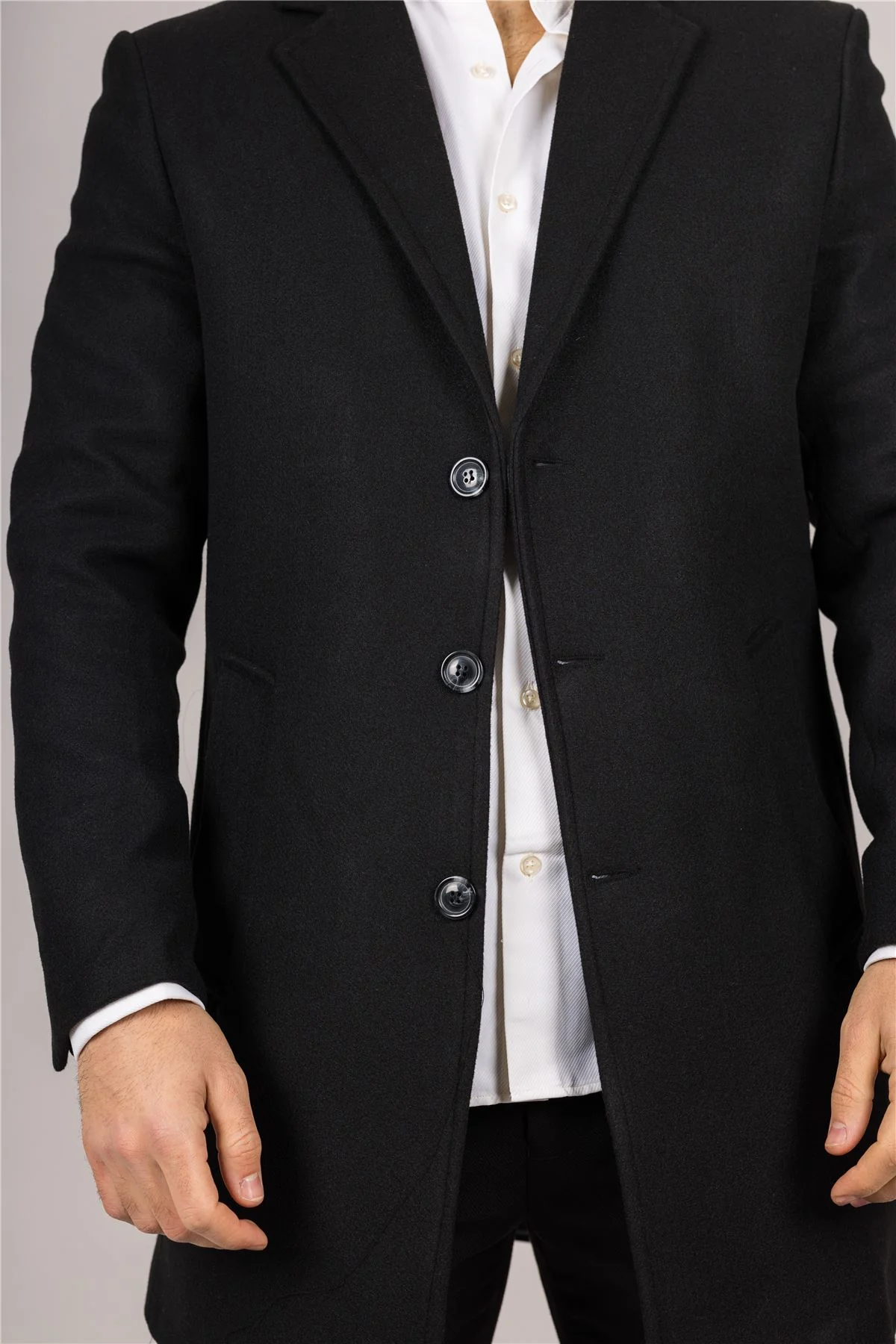 Men's Notched Lapel Collar Wool Blend Black Overcoat - Image 5