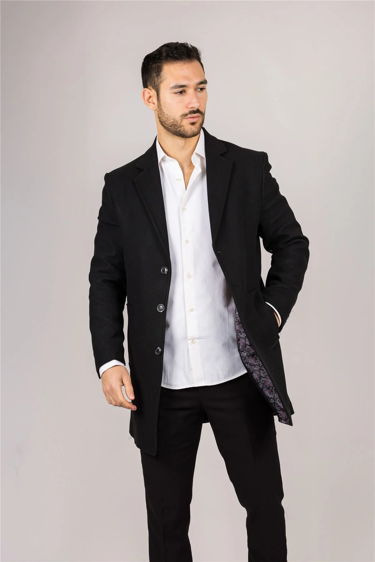 Men's Notched Lapel Collar Wool Blend Black Overcoat - Image 8