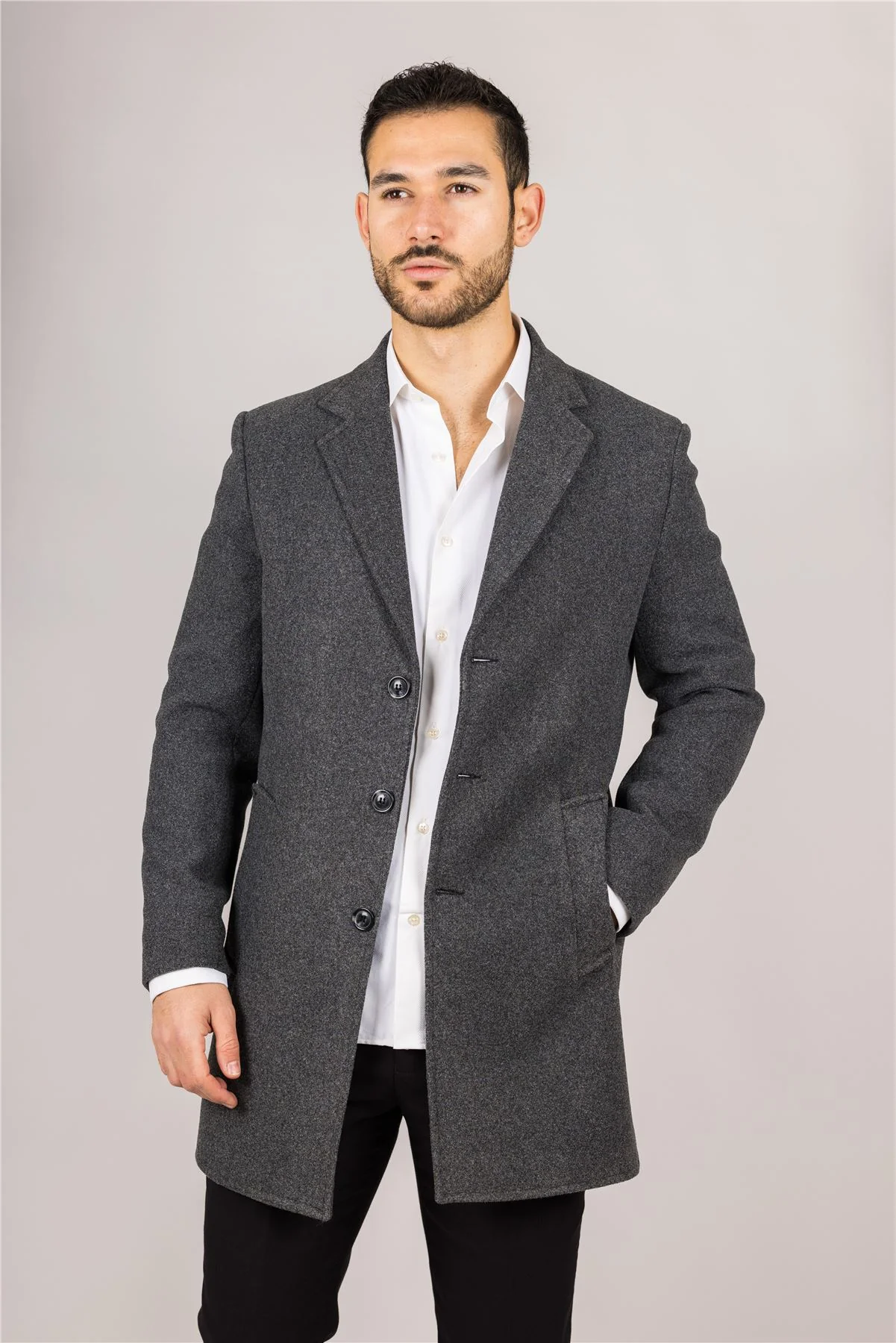 Men's Notched Lapel Collar Wool Blend Grey Overcoat - Image 6
