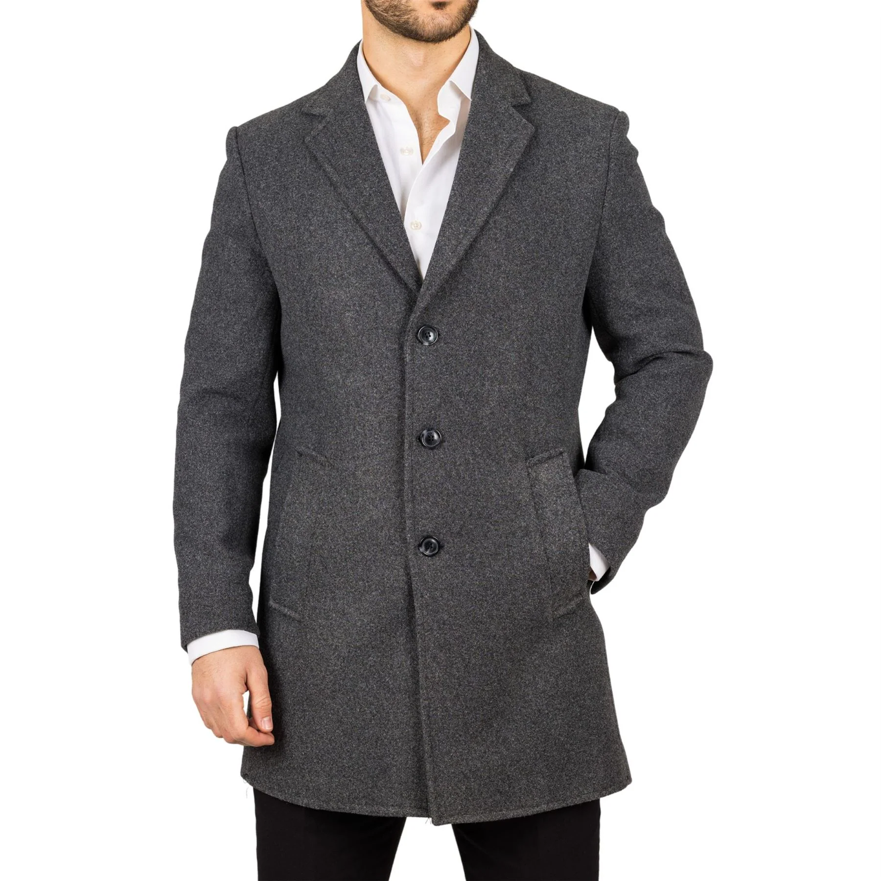 Men's Notched Lapel Collar Wool Blend Grey Overcoat - Image 7