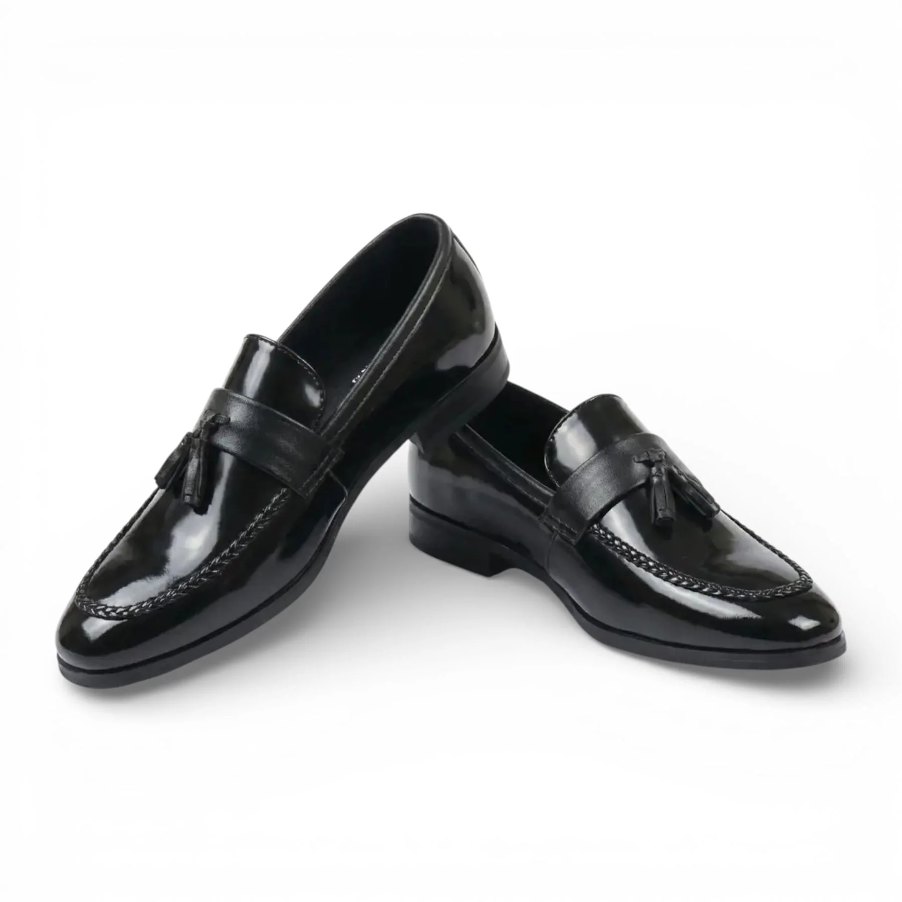 Mens Olive Tassel High-Gloss Patent Faux Leather Formal Loafers Shoes - Image 3