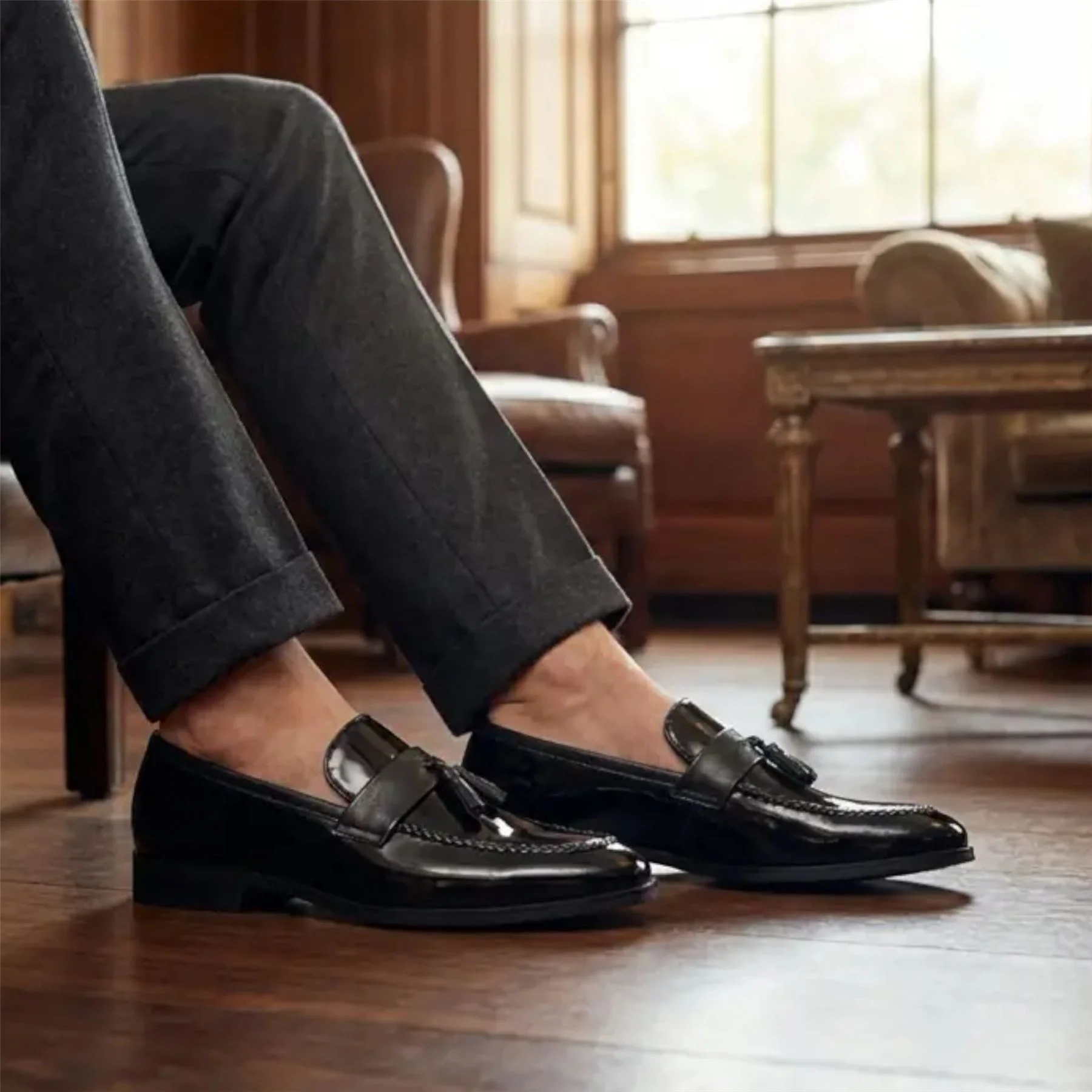 Mens Olive Tassel High-Gloss Patent Faux Leather Formal Loafers Shoes - Image 4