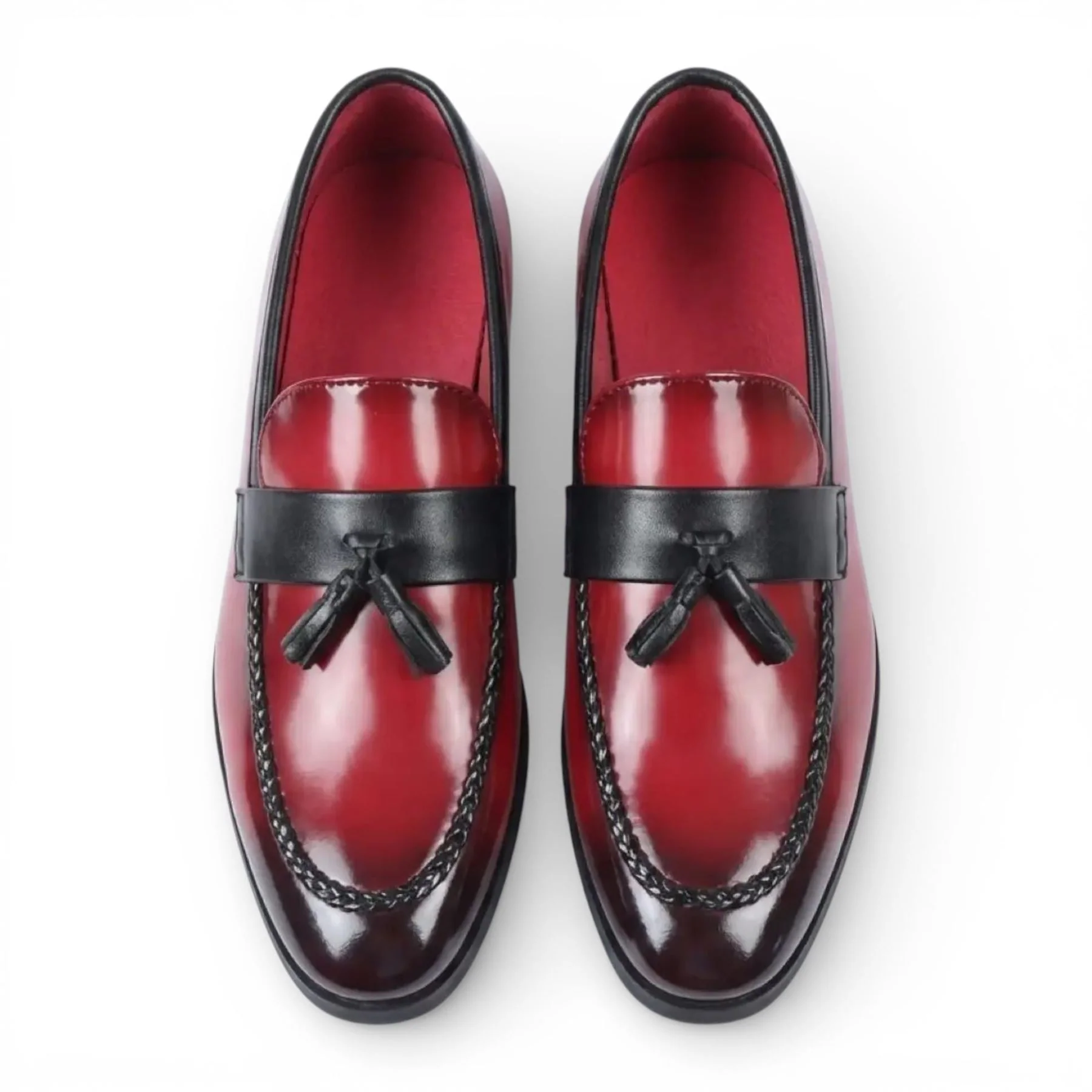 Mens Red Tassel High-Gloss Patent Faux Leather Formal Loafers Shoes - Image 4