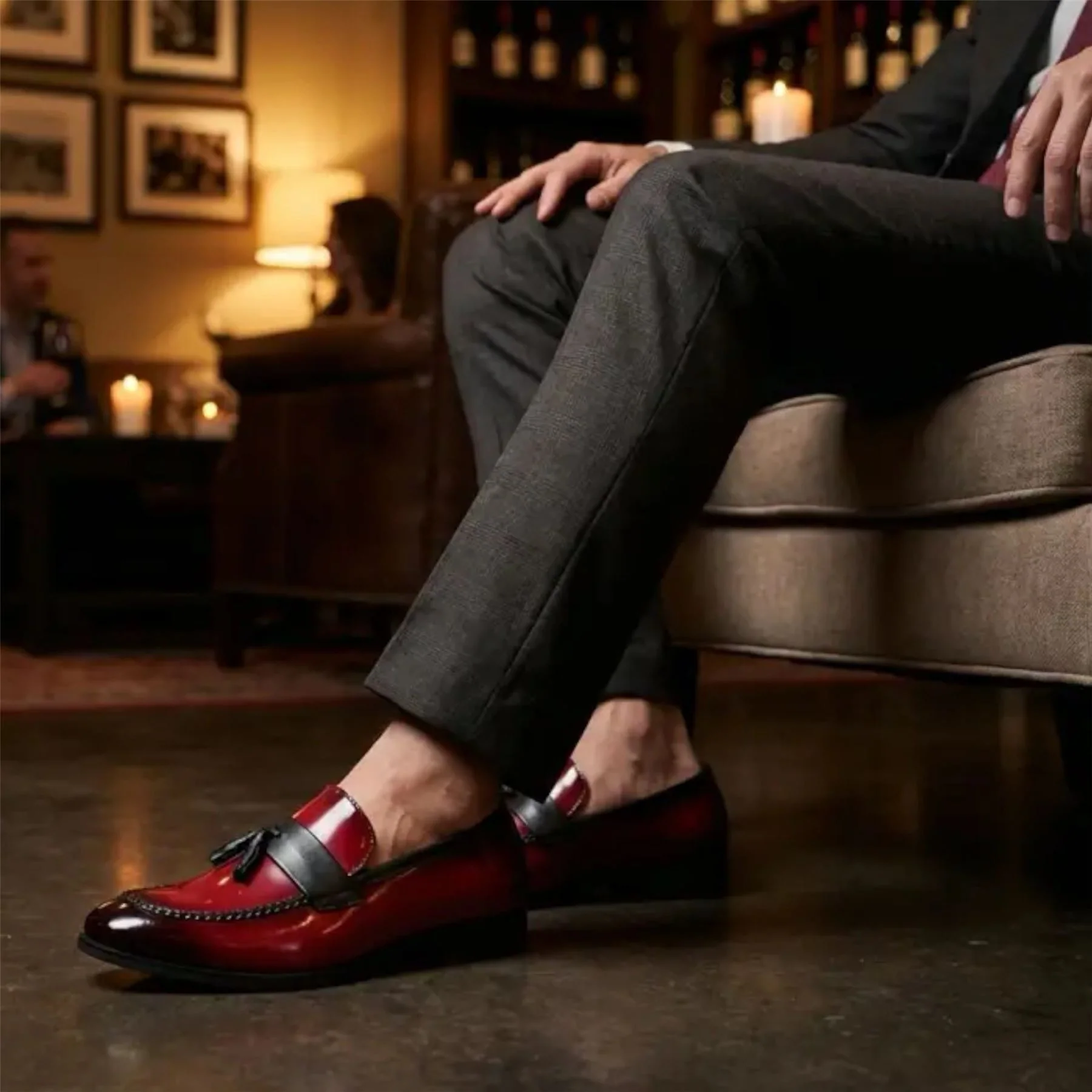 Mens Red Tassel High-Gloss Patent Faux Leather Formal Loafers Shoes - Image 5
