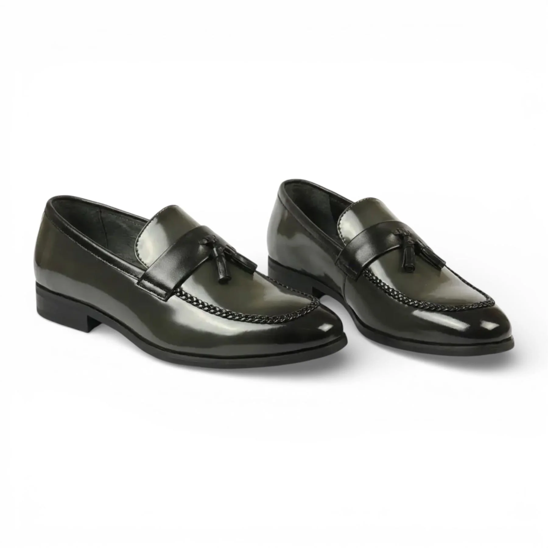 Mens Olive Tassel High-Gloss Patent Faux Leather Formal Loafers Shoes - Image 3