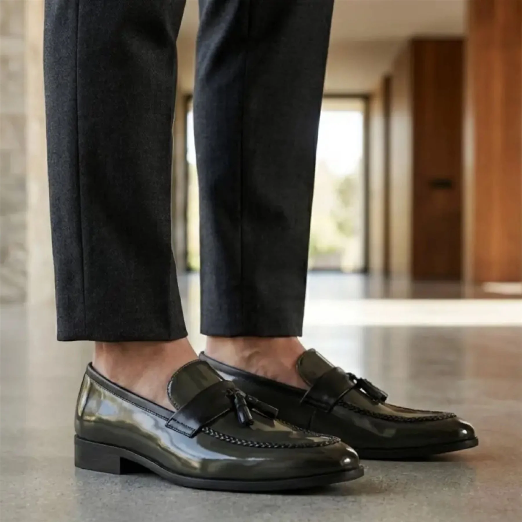 Mens Olive Tassel High-Gloss Patent Faux Leather Formal Loafers Shoes - Image 4