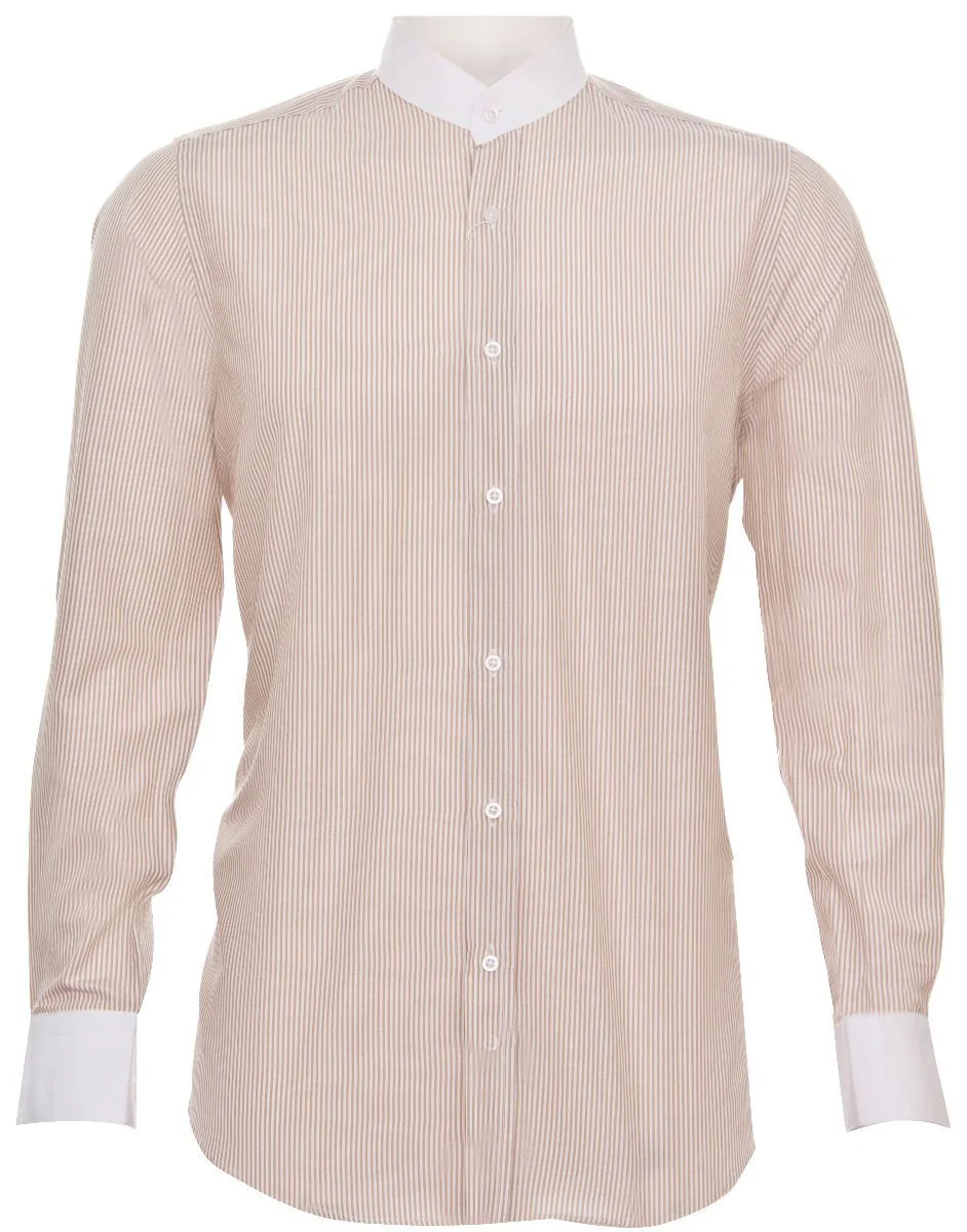 Mens Peaky Blinders Removable Collar Nehru Coffee Striped Collarless Shirt