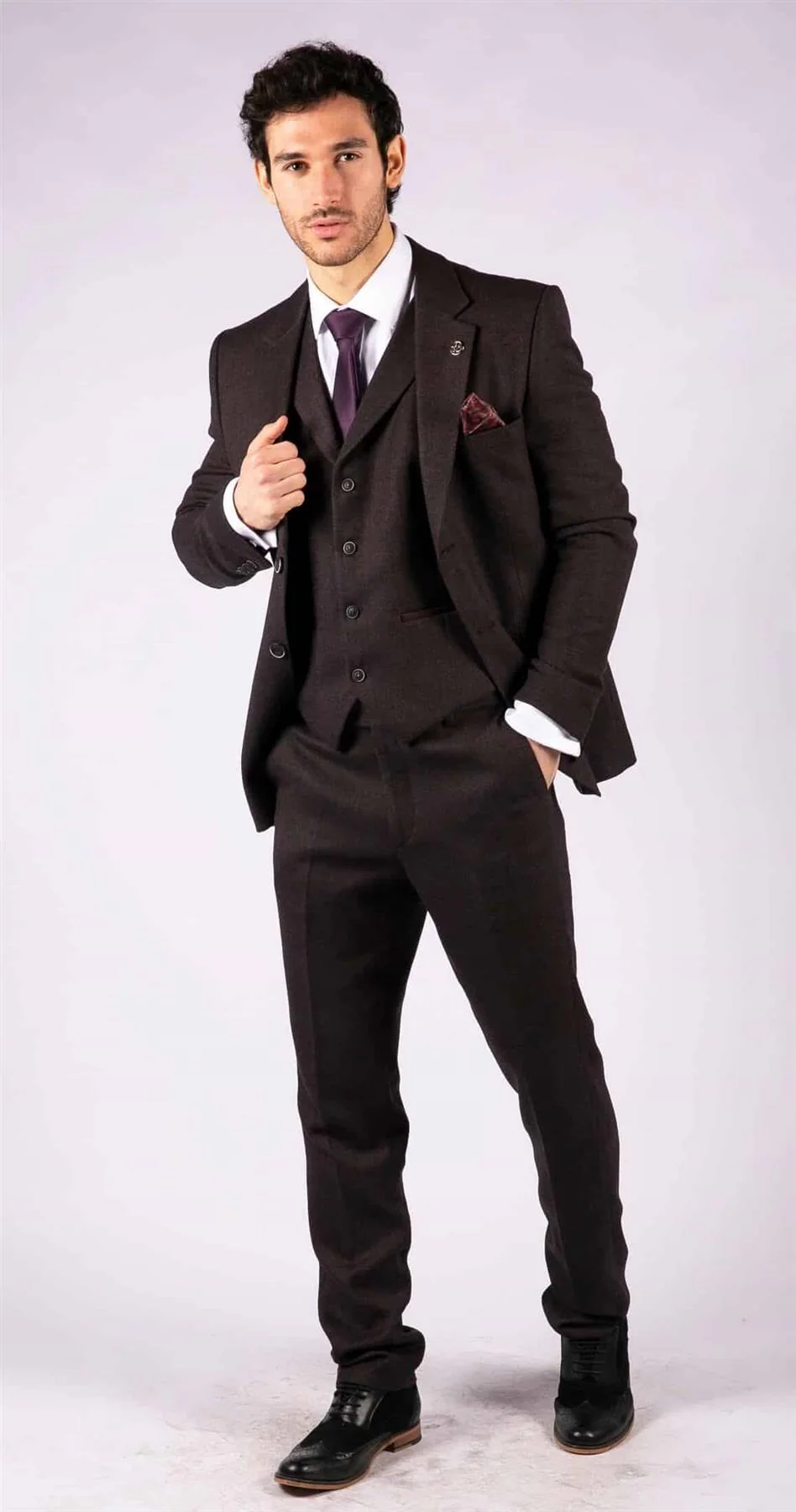 Mens Purple Plum 3 Piece Tweed Herringbone Suit Peaky Blinders Classic Tailored - Image 6