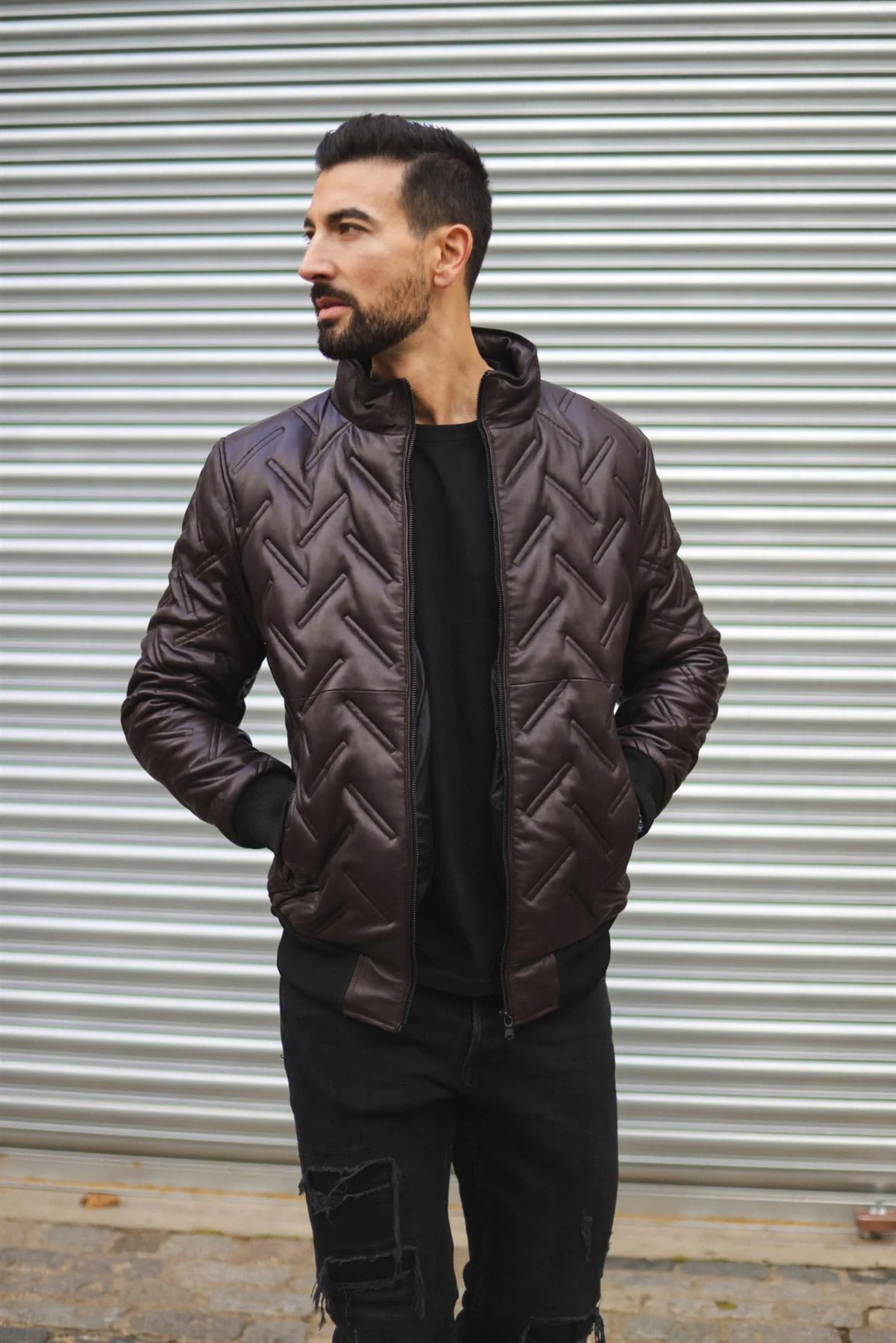 Mens Quilted Leather Bomber Jacket - Taunton - Image 10