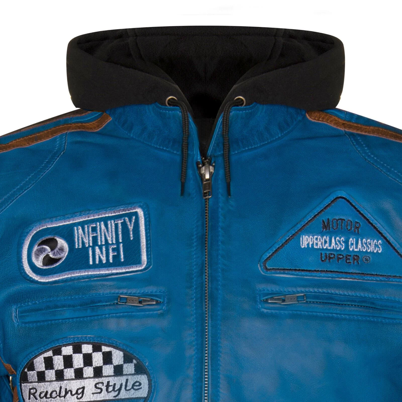 Mens Racing Hooded Leather Biker Jacket-Clovelly - Image 8