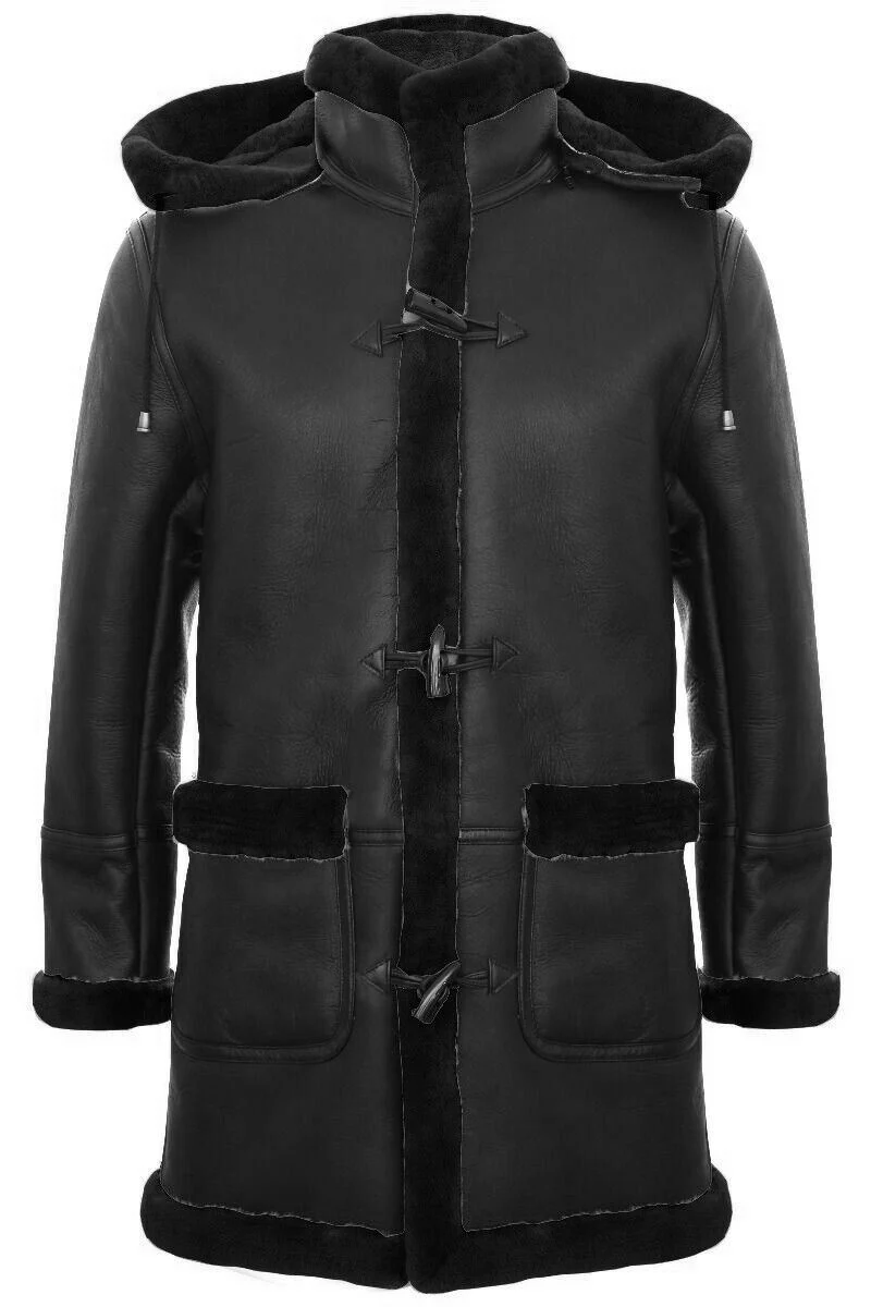 Mens Sheepskin Hooded Duffle Overcoat-Isleworth - Image 8