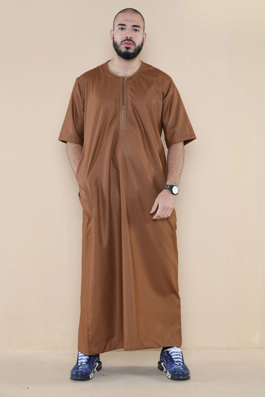 Mens Thobe Jubba Islamic Arab Moroccan Saudi Zipped Kaftan Arab Robe - Image 5