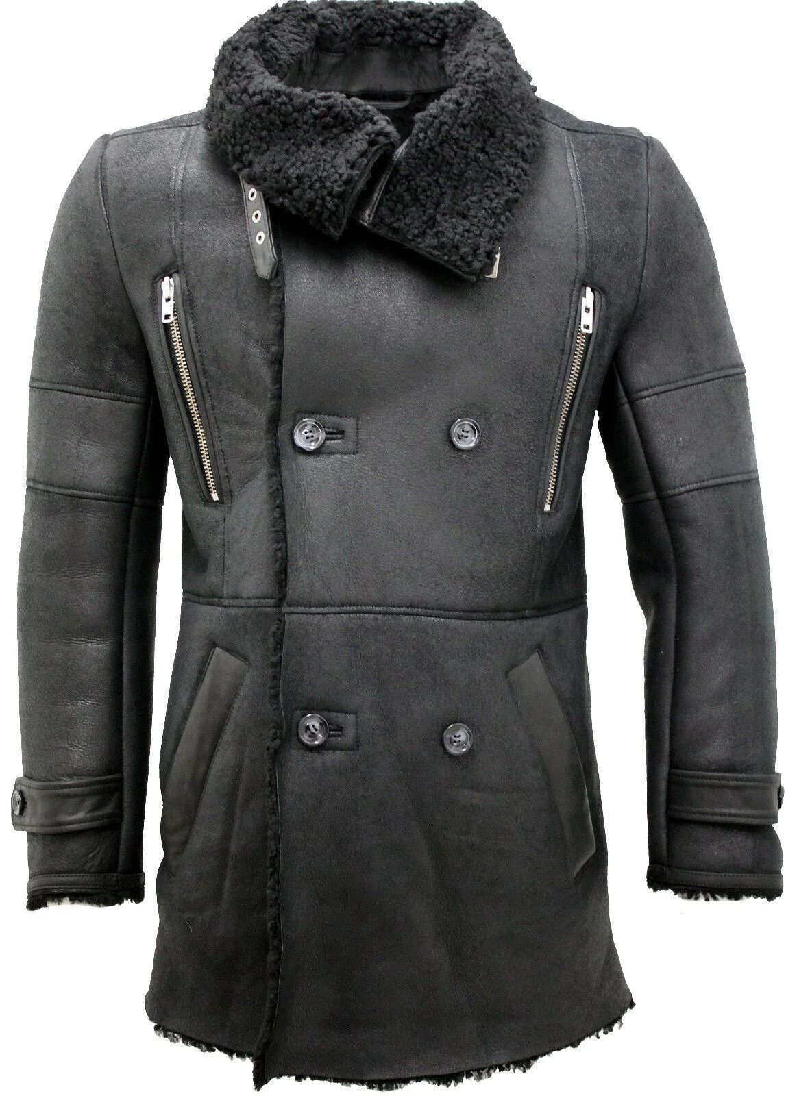 Mens Warm Sheepskin Leather Reefer Coat-Ledbury - Image 7