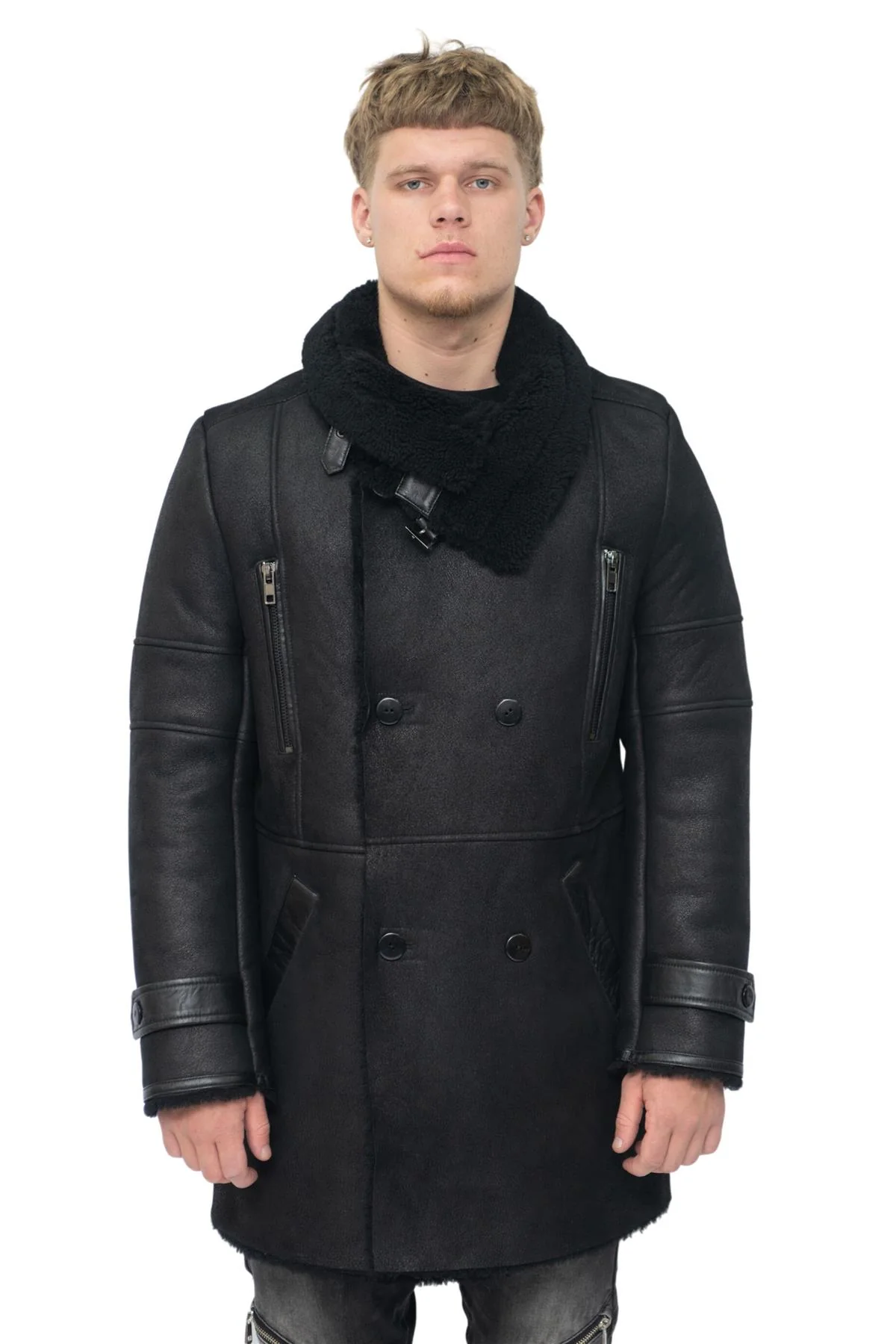 Mens Warm Sheepskin Leather Reefer Coat-Ledbury - Image 8