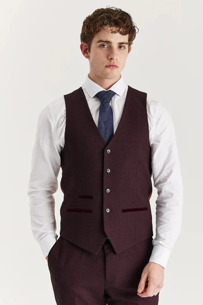 Men's Wine Suit Waistcoat Prince Of Wales Formal Waistcoat