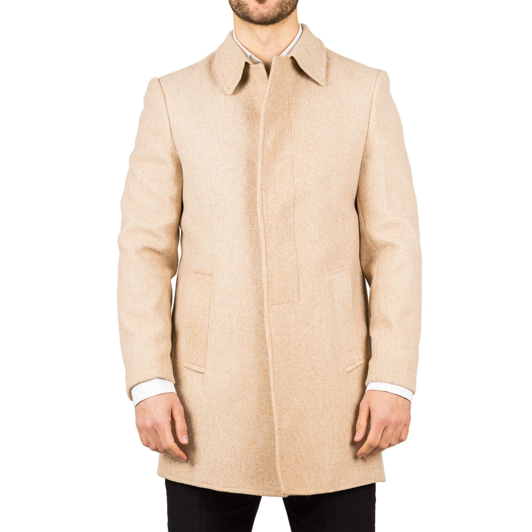 Men's Wool Blend Classic Collar Beige Overcoat - Image 3