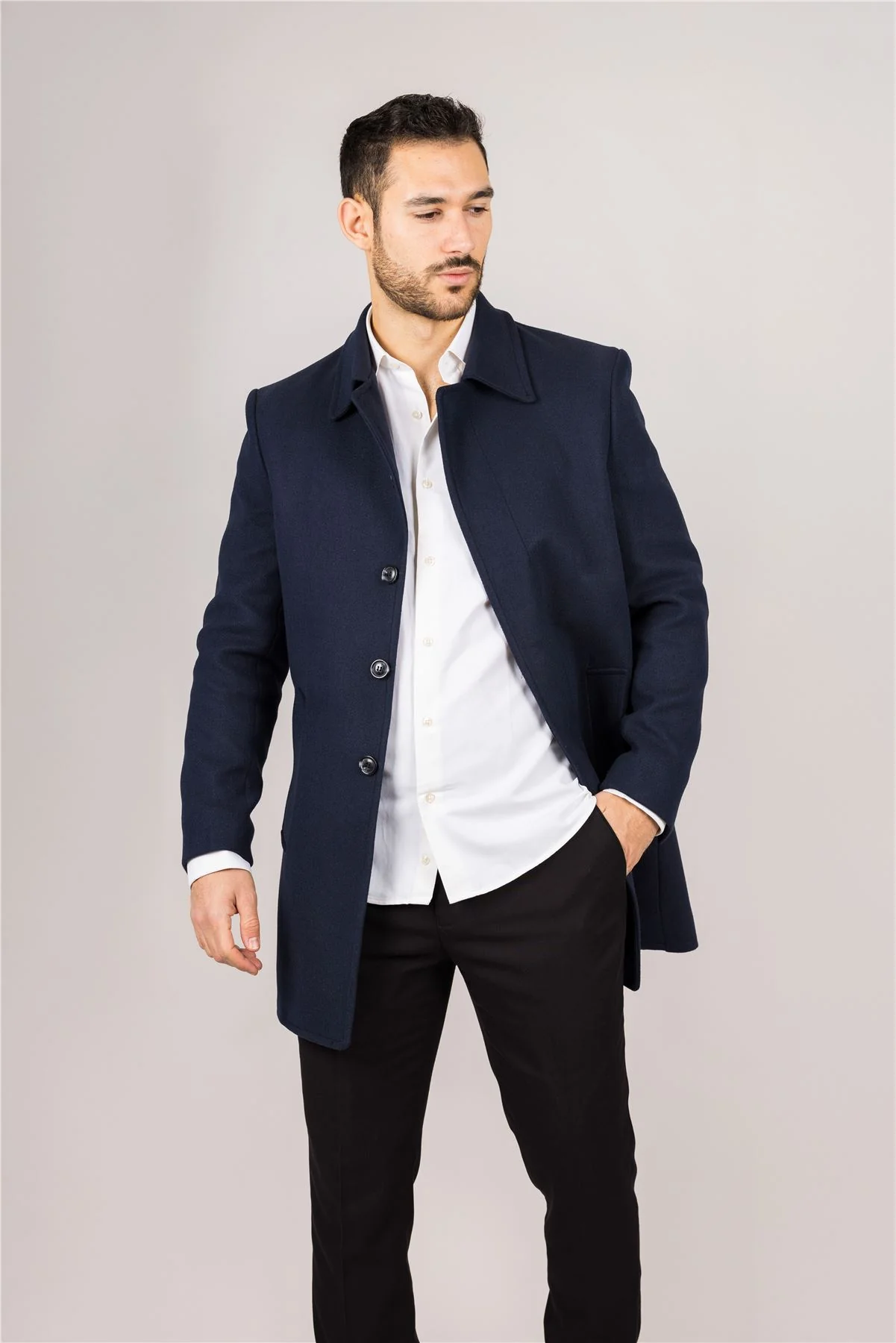 Men's Wool Blend Classic Collar Navy Overcoat - Image 3